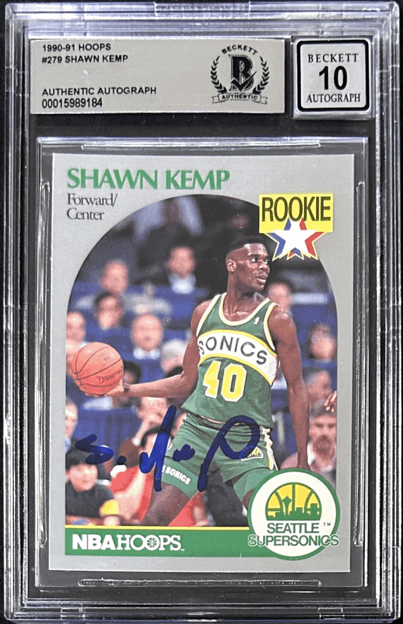 Shawn Kemp Signed 1990-91 NBA Hoops Rookie Card #279 Beckett 15989184 Auto 10