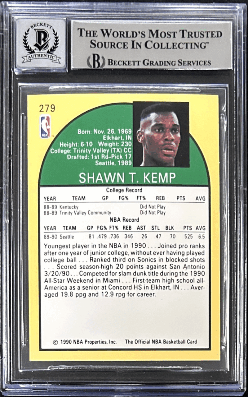Shawn Kemp Signed 1990-91 NBA Hoops Rookie Card #279 Beckett 15989184 Auto 10 - Image 2