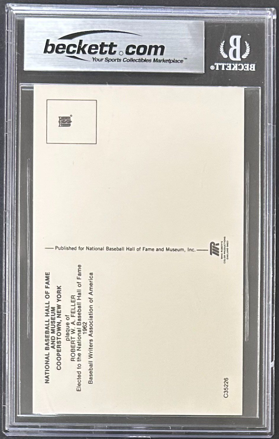 BOB FELLER AUTOGRAPHED HALL OF FAME PLAQUE POSTCARD BECKETT 16627842 - Image 2