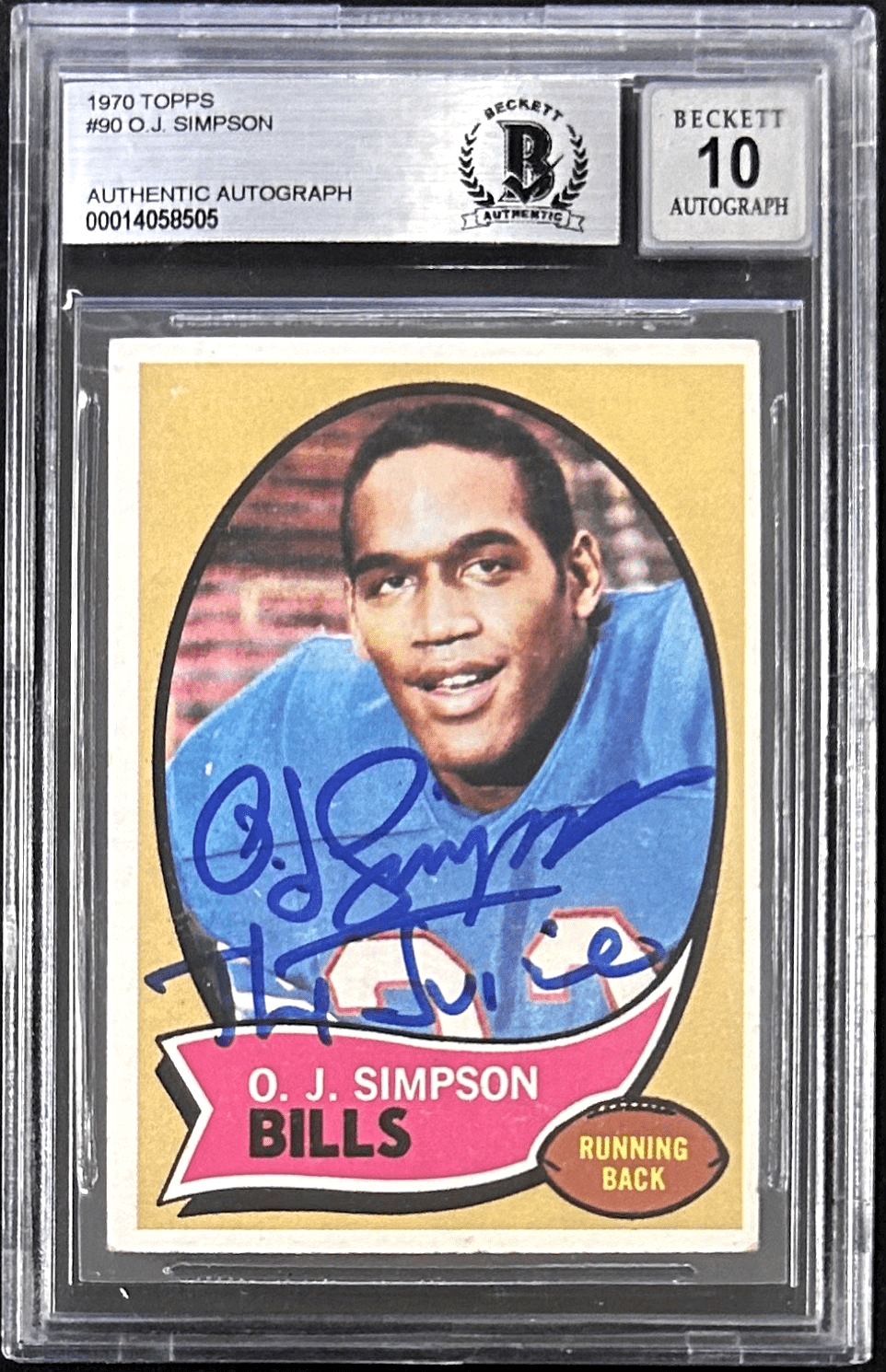 O.J. Simpson Signed 1970 Topps Rookie Card BAS 14058505 Auto 10 The Juice