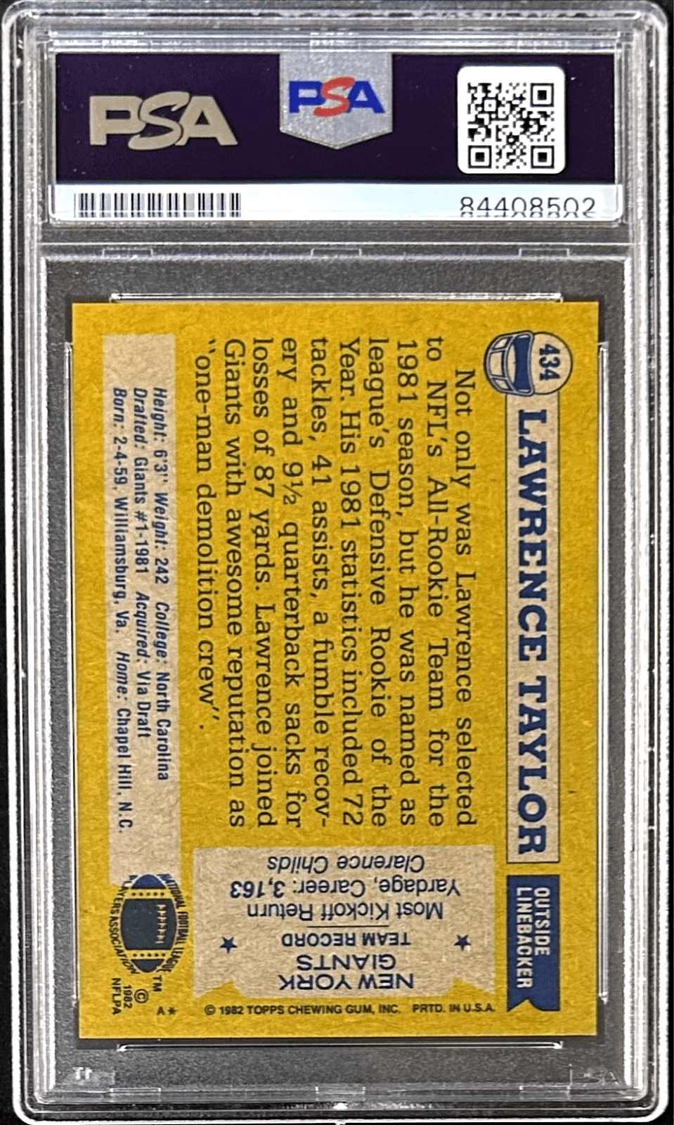 Lawrence Taylor Signed Autographed 1982 Topps Card #434 PSA/DNA 84408502 - Image 2