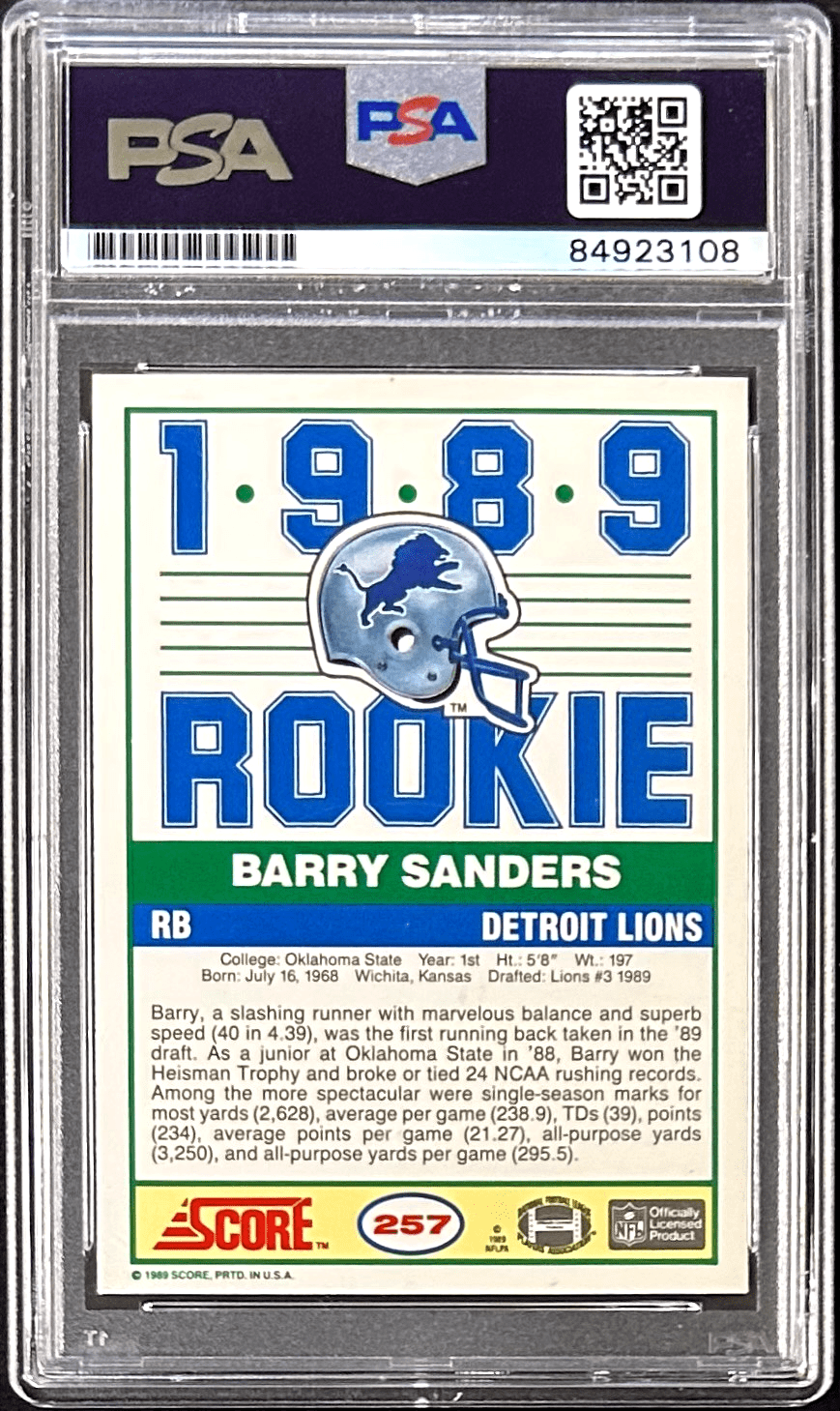 Barry Sanders Signed Autographed 1989 Score Rookie Card 257 PSA 84923108 Auto 10 - Image 2