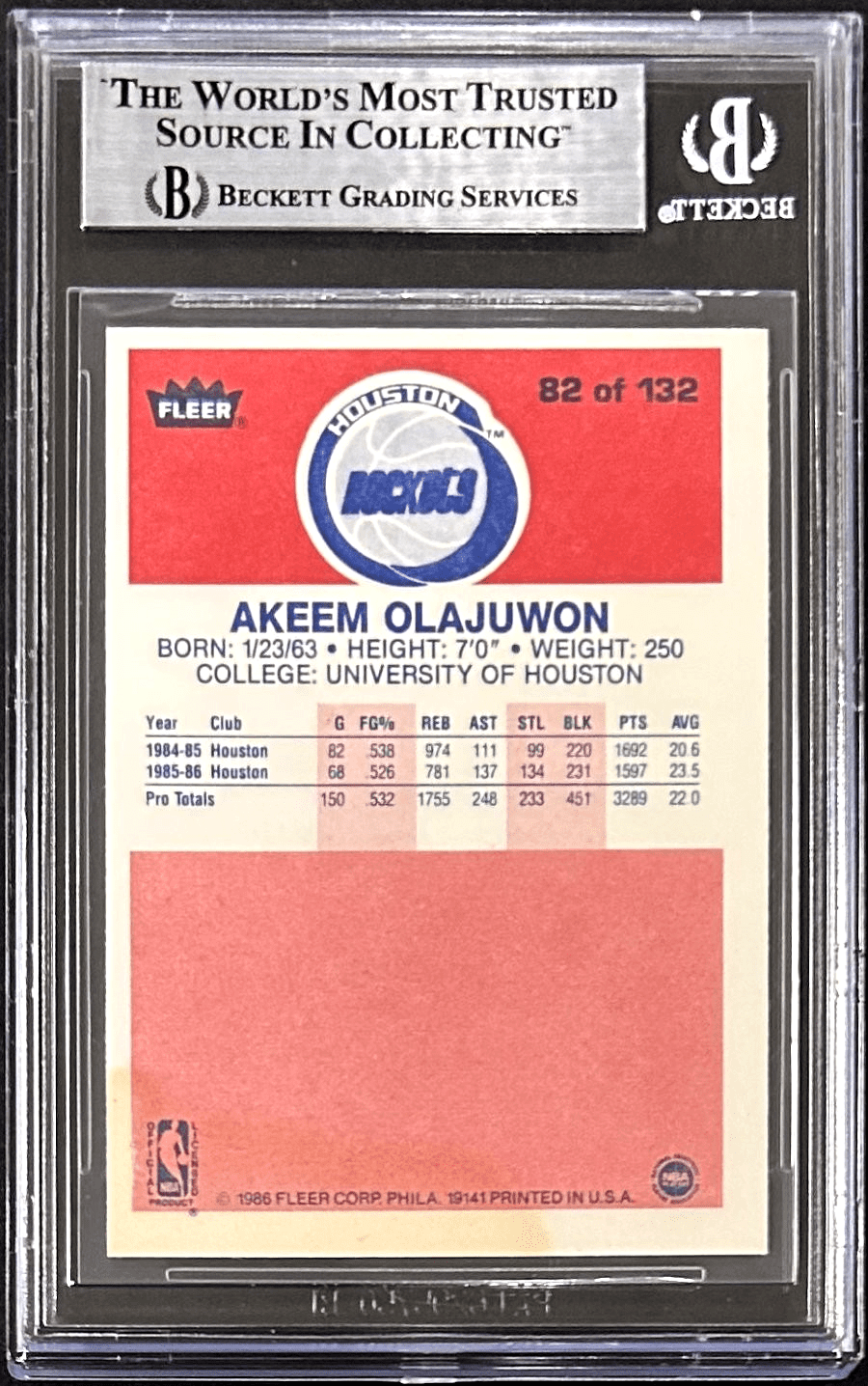 Hakeem "Akeem" Olajuwon Signed 1986-87 Fleer Rookie Card #82 Beckett 16911564 - Image 2