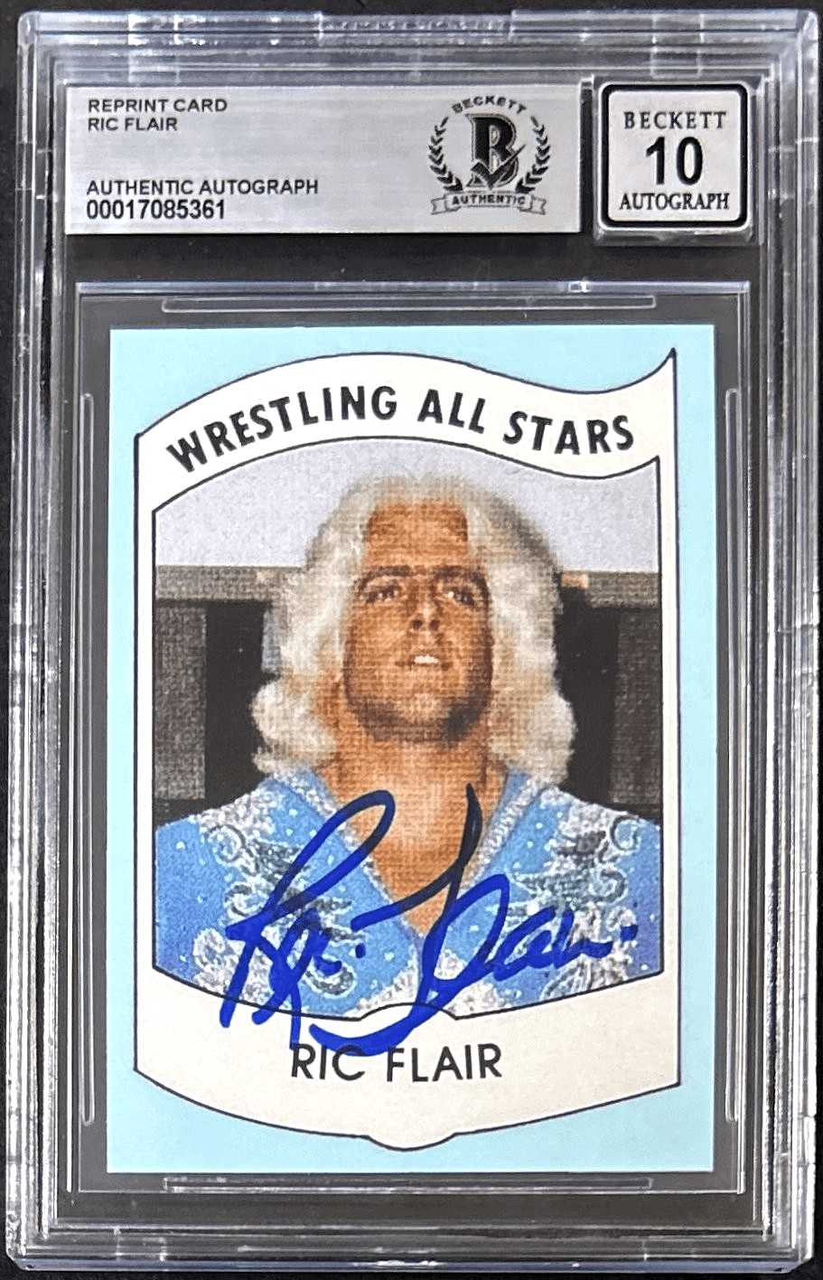 Ric Flair Signed 1982 PWE Wrestling All Stars Series REPRINT Card 27 BAS17085361