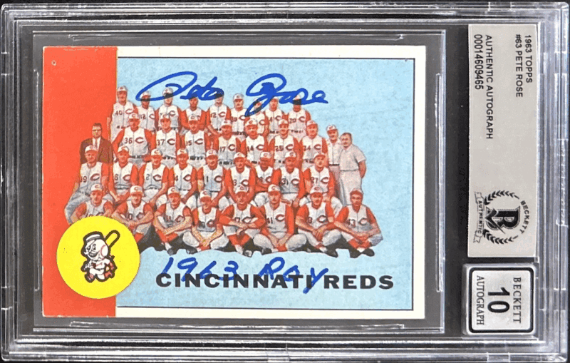 Pete Rose Signed TC 1963 Topps Card #63 Beckett 14609836 Reds 63 ROY Auto 10