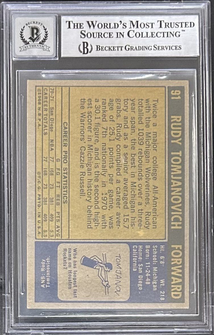 Rudy Tomjanovich 1971-72 Topps Signed Rookie Card #91 Beckett 14058439 Auto 10 - Image 2