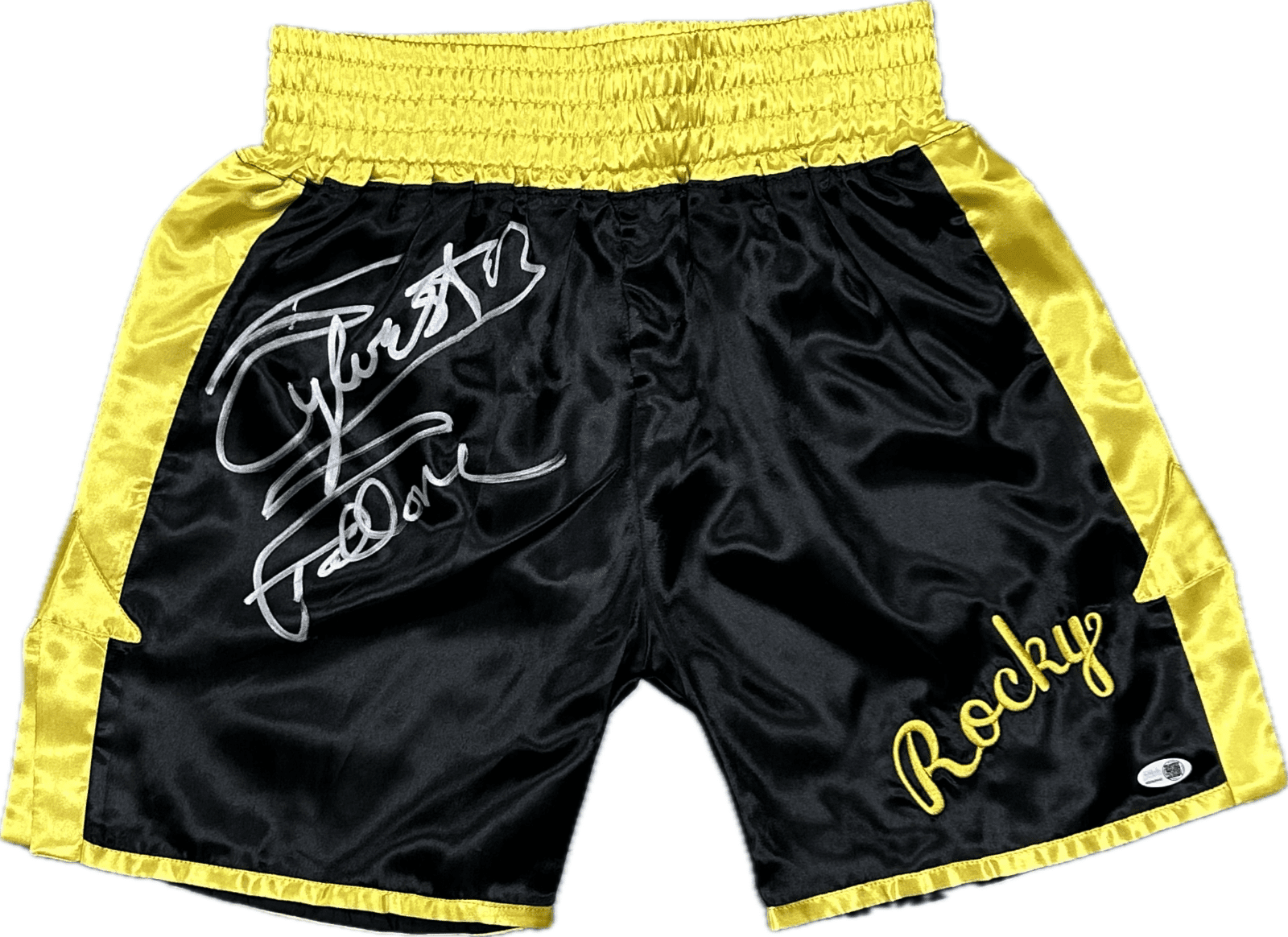 Sylvester Stallone Signed Rocky Black Yellow Trunks Beckett Authenticated