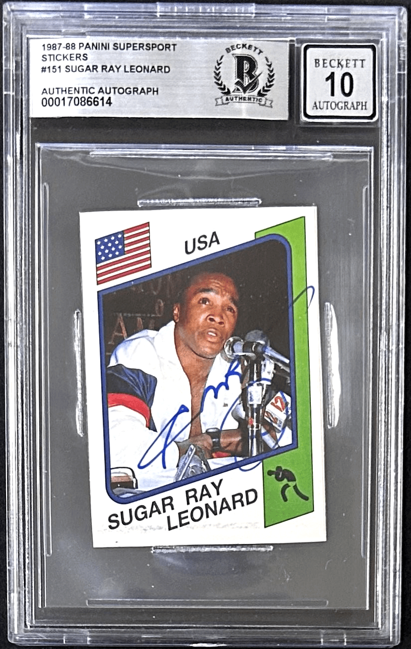 Sugar Ray Leonard Signed 1987-88 Panini Supersport Sticker 151 BAS 17086614