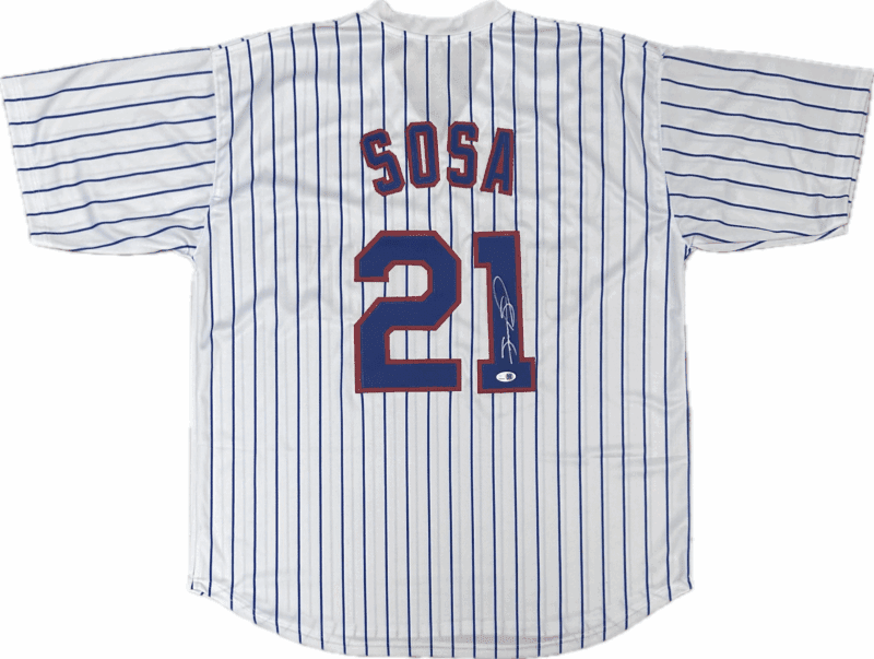 SAMMY SOSA SIGNED AUTOGRAPHED STRIPES BLUE/RED CUSTOM JERSEY JSA AUTHENTICATED - Image 2