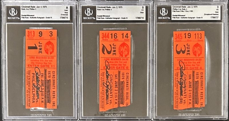 PETE ROSE AUTOGRAPHED LOT OF 3 TICKETS REDS VS PHILLIES 9/1-3/1979 GAMES SERIES