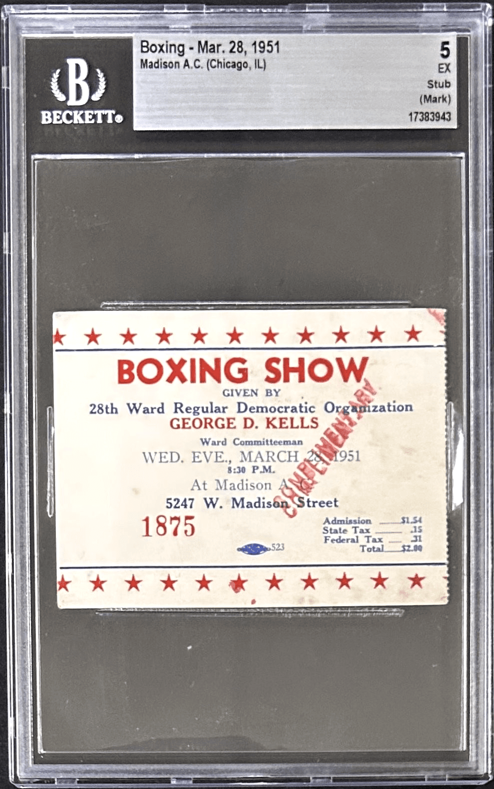 28th WARD REGUALAR DEMOCRATIC ORGANIZATION BOXING SHOW TICKET BECKETT EX 5