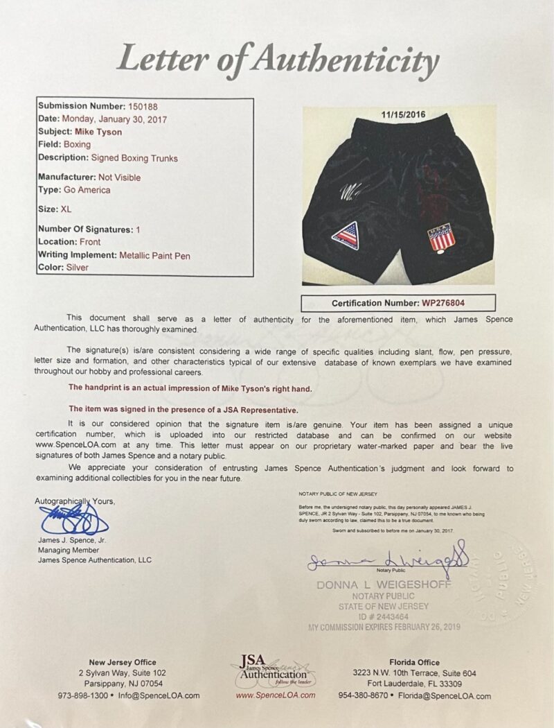 Mike Tyson Original Handprint & Signed Trunks JSA Full Letter WP276804 - Image 7