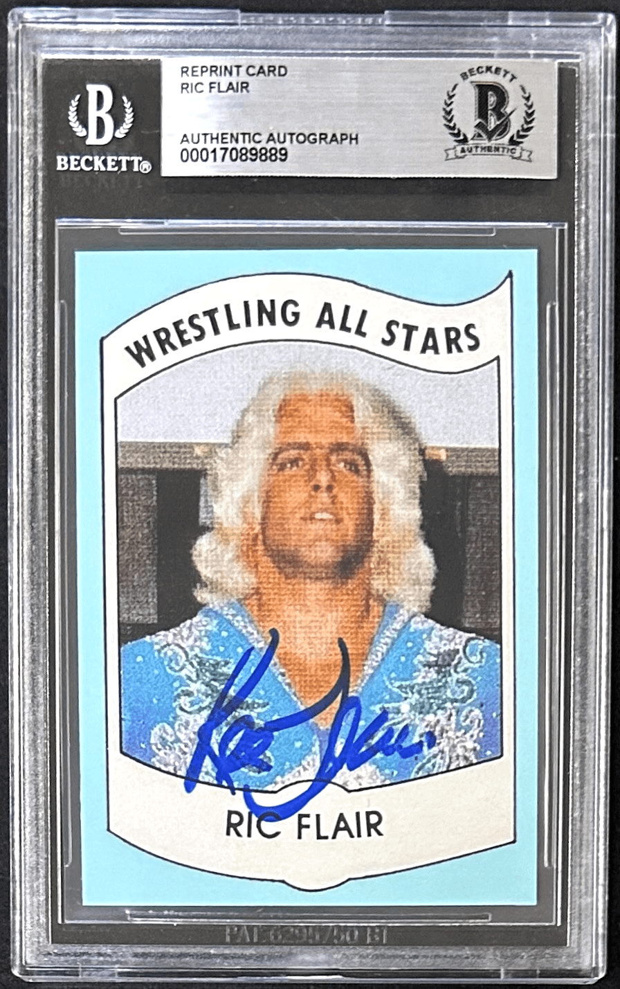 RIC FLAIR SIGNED 1982 PWE WRESTLING ALL STARS SERIES REPRINT CARD 27 BAS17089889