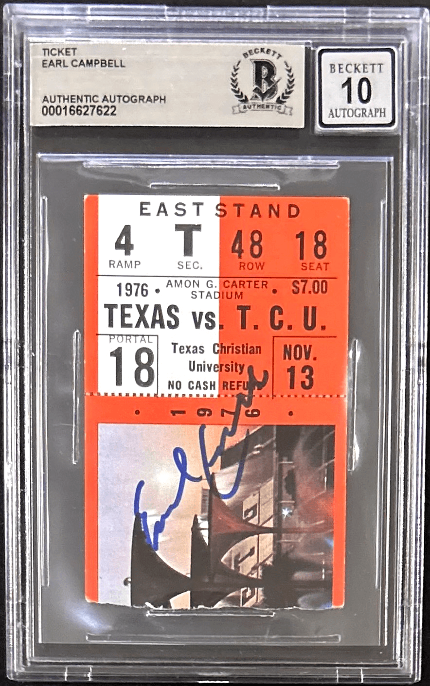 EARL CAMPBELL AUTOGRAPHED TEXAS VS TCU TICKET STUB BECKETT 16627622 AUTO 10