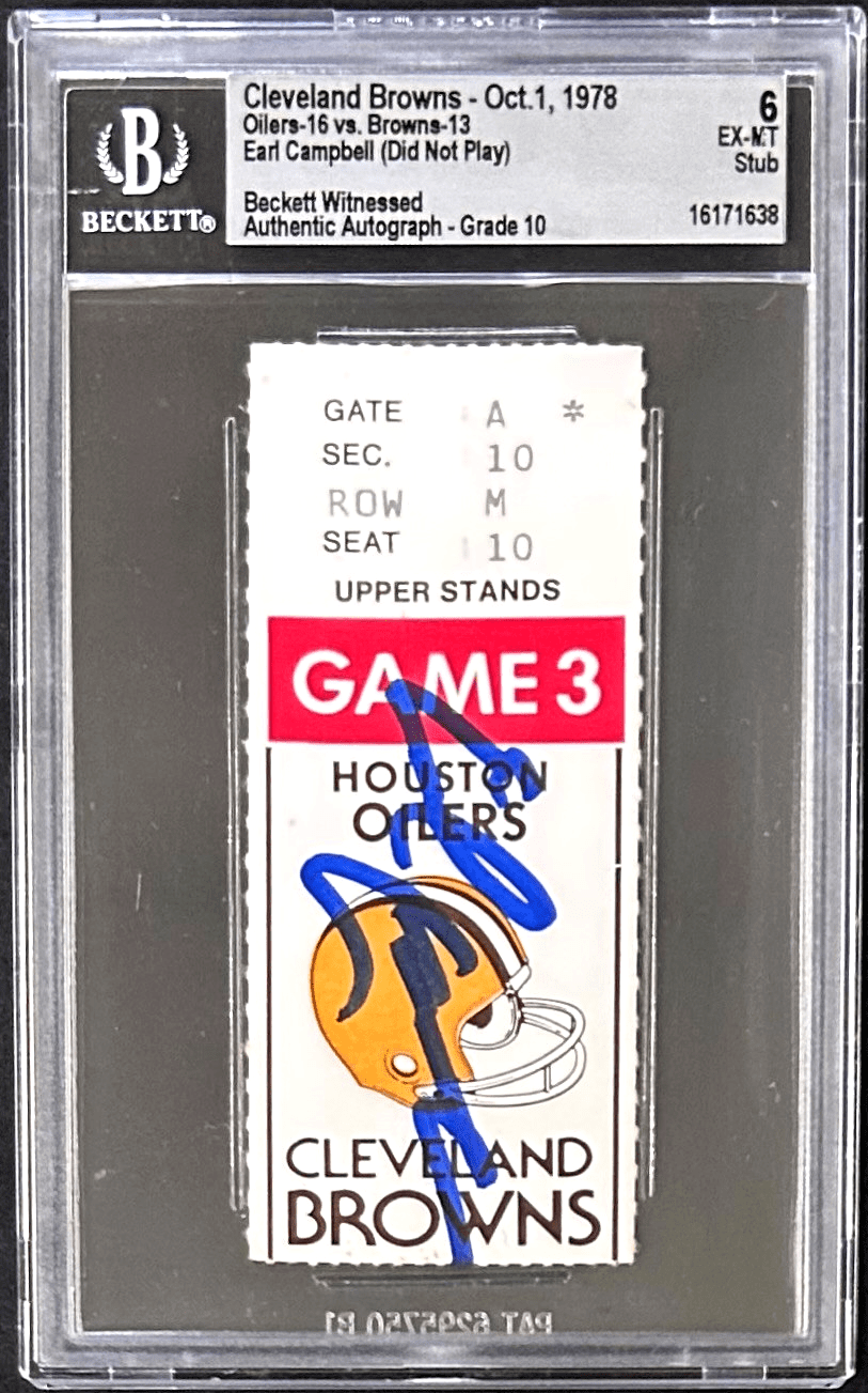 EARL CAMPBELL AUTOGRAPHED OILERS VS BROWNS TICKET STUB BECKETT AUTO 10 EX-MT 6