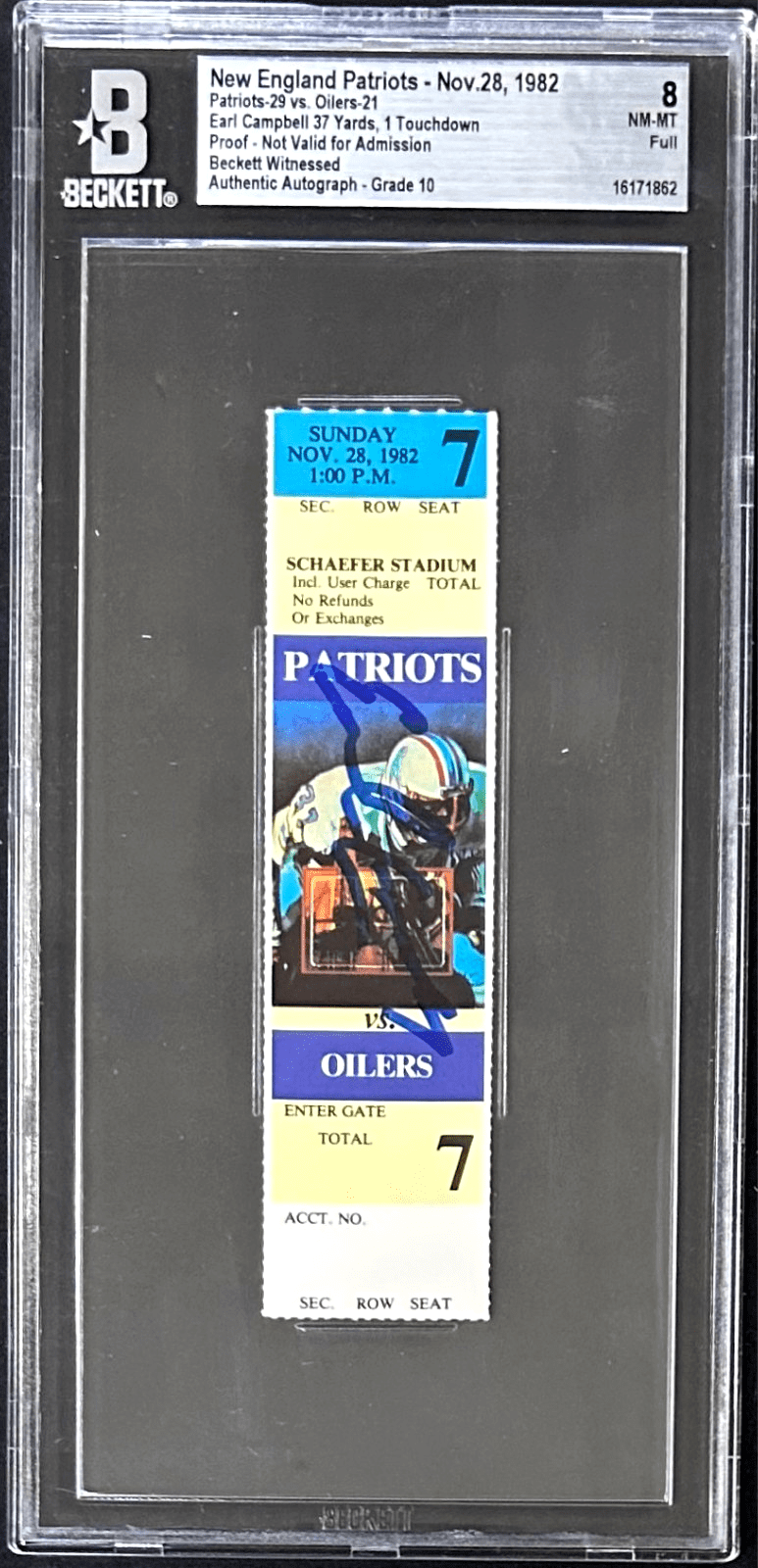 EARL CAMPBELL AUTOGRAPHED OILERS VS PATRIOTS FULL TICKET BECKETT AUTO 10 NM-MT 8
