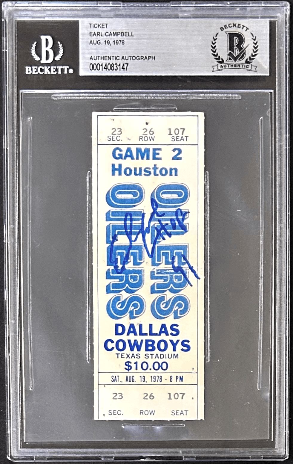 EARL CAMPBELL AUTOGRAPHED OILERS VS COWBOYS TICKET STUB BECKETT