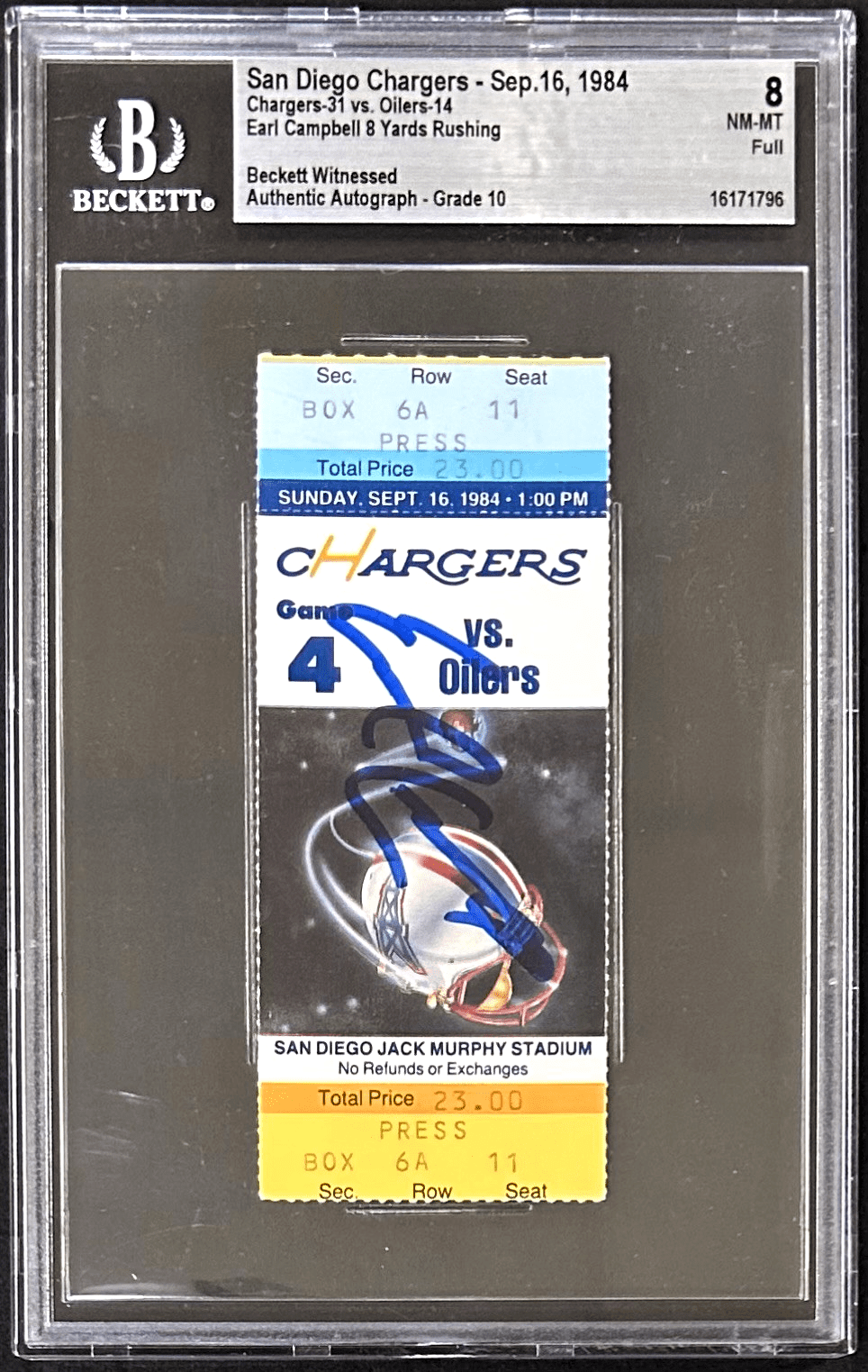 EARL CAMPBELL AUTOGRAPHED OILERS VS CHARGERS TICKET STUB BECKETT AUTO 10 NM-MT 8