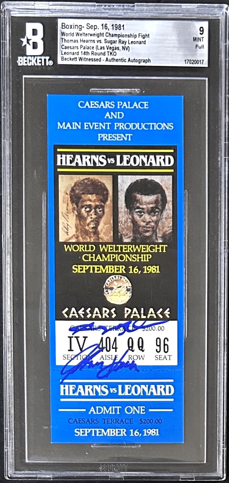 THOMAS HEARNS SUGAR RAY LEONARD SIGNED TICKET LEONARD WINS WBA TITLE BAS 9 BLUE