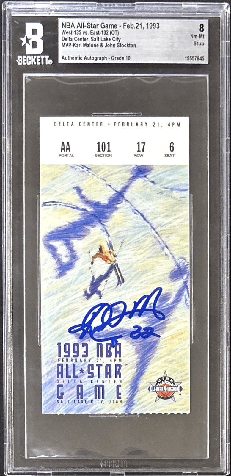 KARL MALONE SIGNED 1993 NBA ALL STAR GAME TICKET STUB BECKETT NM-MT 8 MALONE MVP