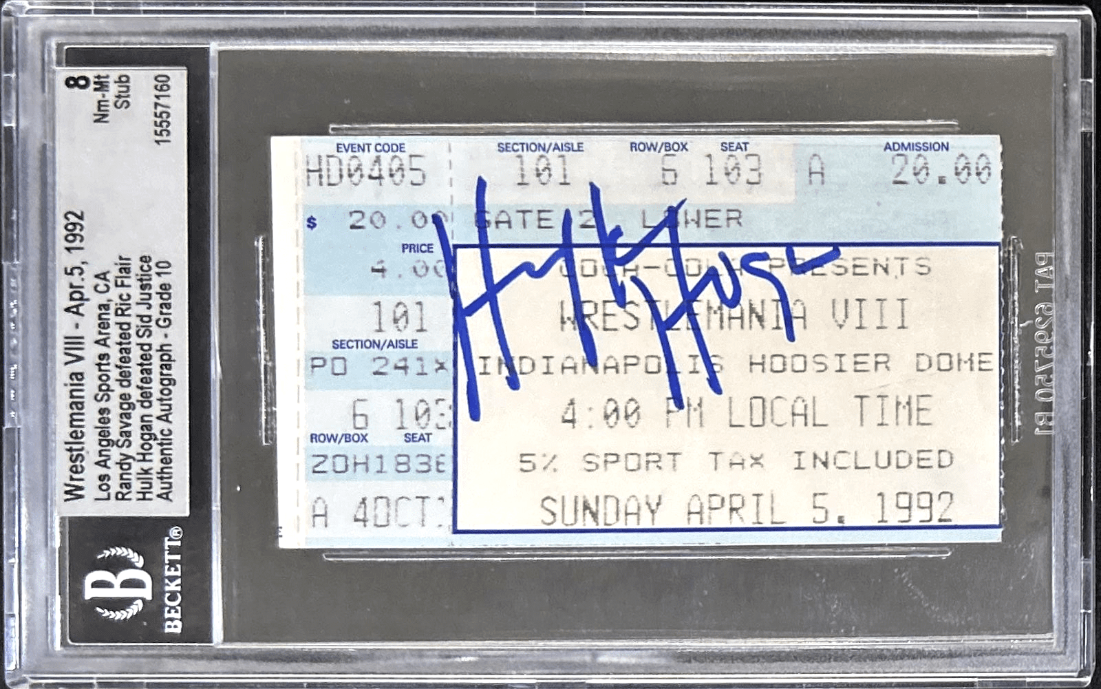 HULK HOGAN AUTOGRAPHED WWF WRESTLEMANIA VIII TICKET STUB BECKETT NM-MT 8