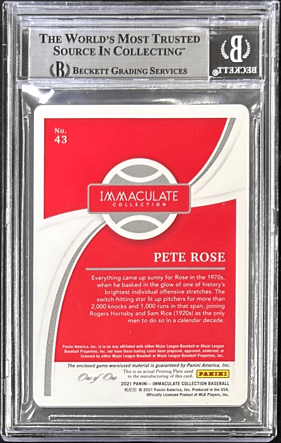 Pete Rose Signed 2021 Immaculate Collection Platinum 1 of 1 Card 43 BAS 16911558 - Image 2