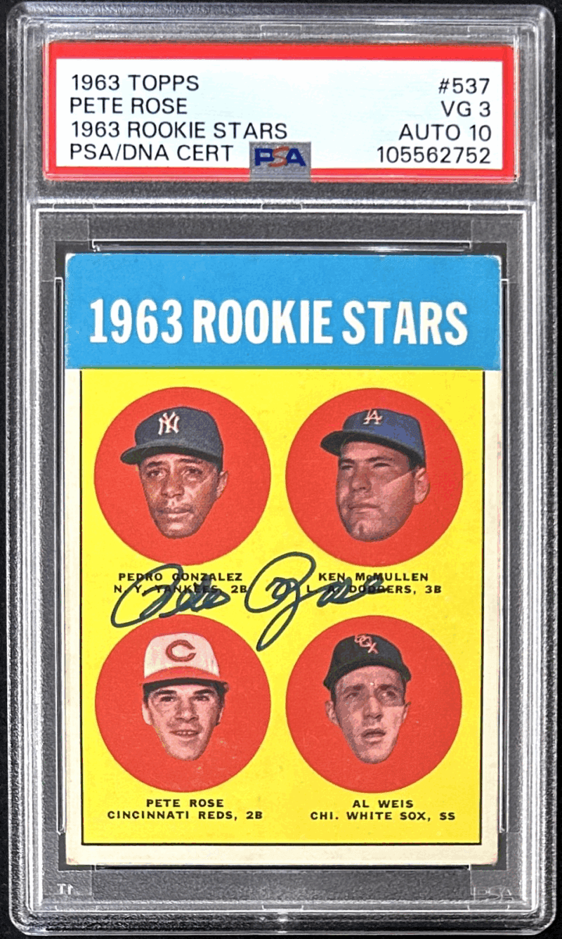 Pete Rose Signed Topps 1963 Rookie Stars Card 537 PSA/DNA 105562752 VG 3 Auto 10