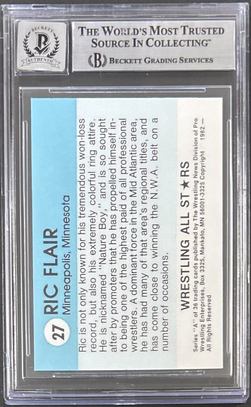 Ric Flair Signed 1982 PWE Wrestling All Stars Series REPRINT Card 27 BAS17085361 - Image 2