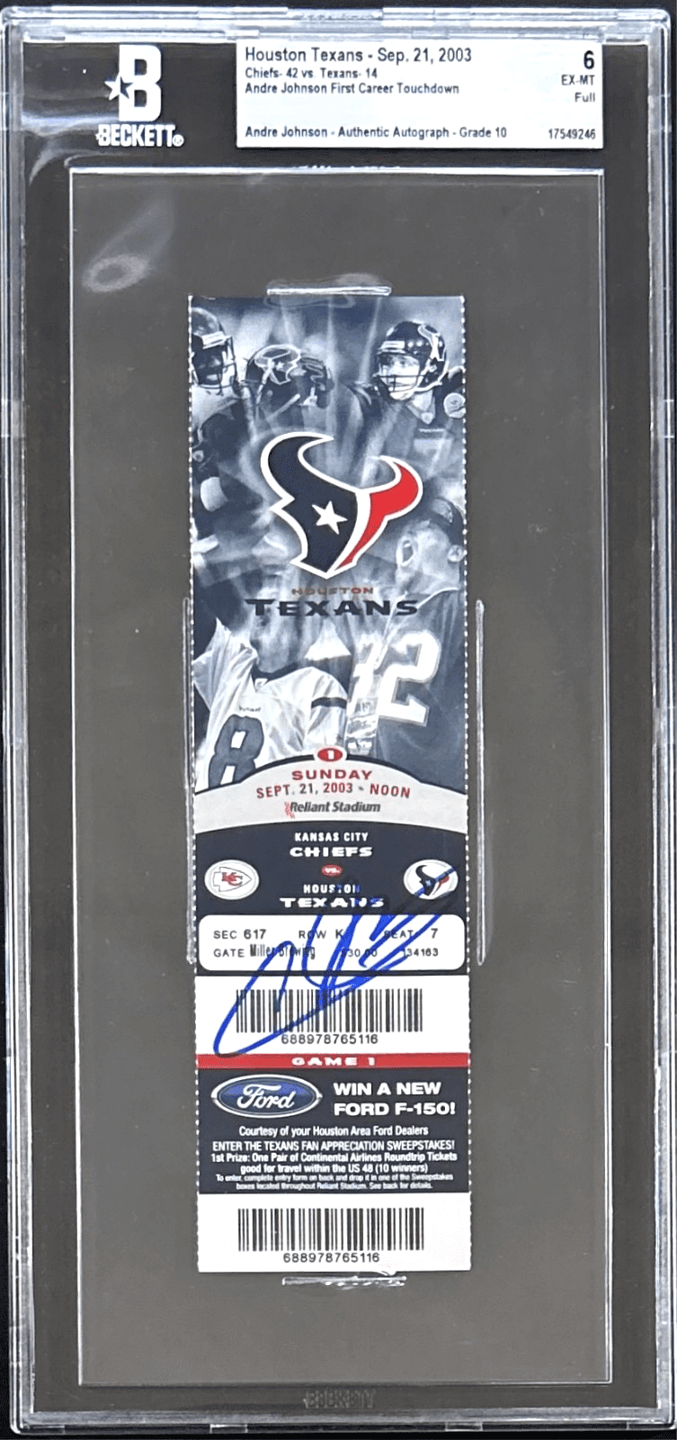 ANDRE JOHNSON SIGNED HOUSTON TEXANS TICKET FIRST CAREER TOUCHDOWN BAS 17549246