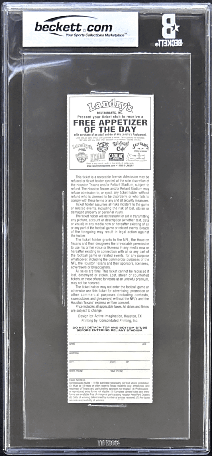 ANDRE JOHNSON SIGNED HOUSTON TEXANS TICKET FIRST CAREER TOUCHDOWN BAS 17549246 - Image 2