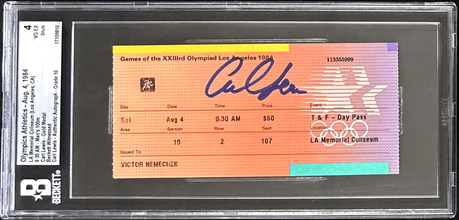 CARL LEWIS SIGNED 1984 LA OLYMPICS TICKET STUB BECKETT 17109810 LEWIS GOLD MEDAL