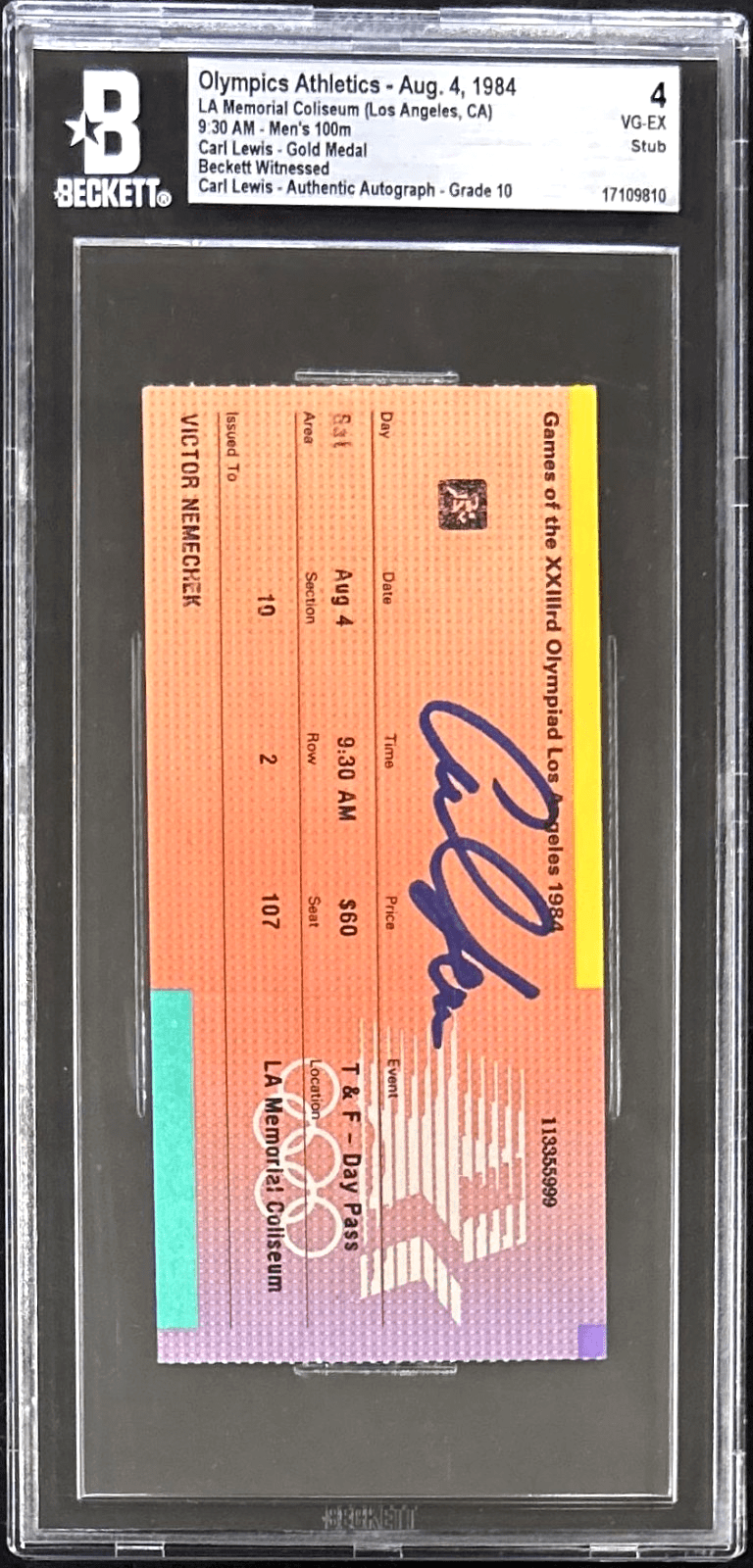 CARL LEWIS SIGNED 1984 LA OLYMPICS TICKET STUB BECKETT 17109810 LEWIS GOLD MEDAL - Image 2