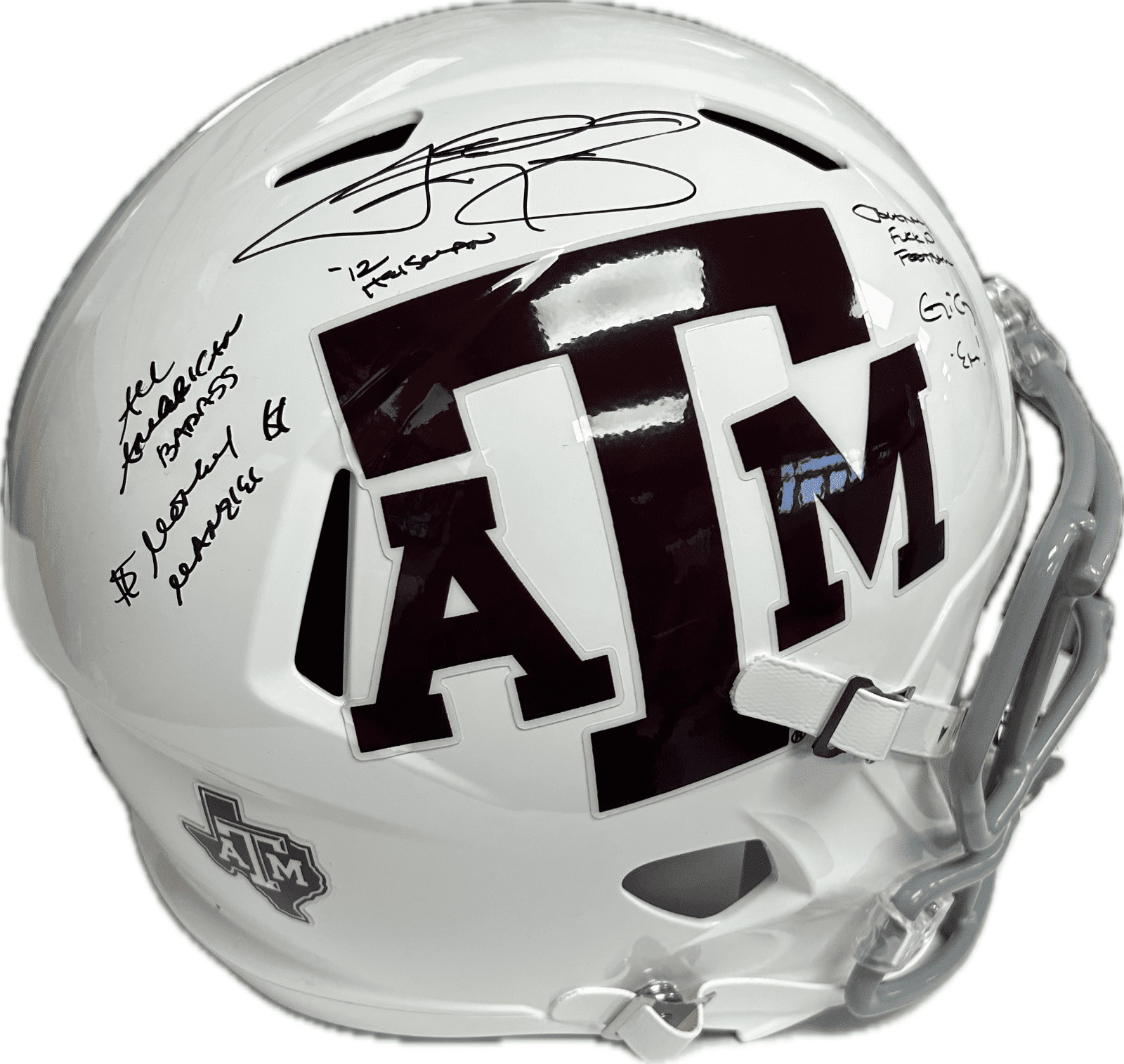 JOHNNY MANZIEL AUTOGRAPHED TEXAS A&M WHITE FULL SIZE HELMET JSA w 5 INSCRIPTIONS - Image 3