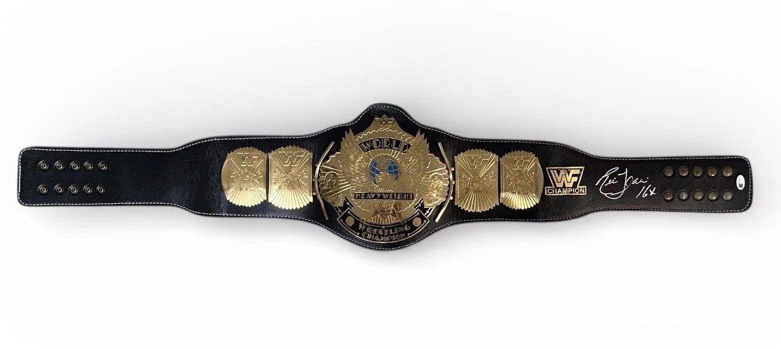 RIC FLAIR AUTOGRAPHED CUSTOM EAGLE BLACK & GOLD BELT JSA SILVER 16X