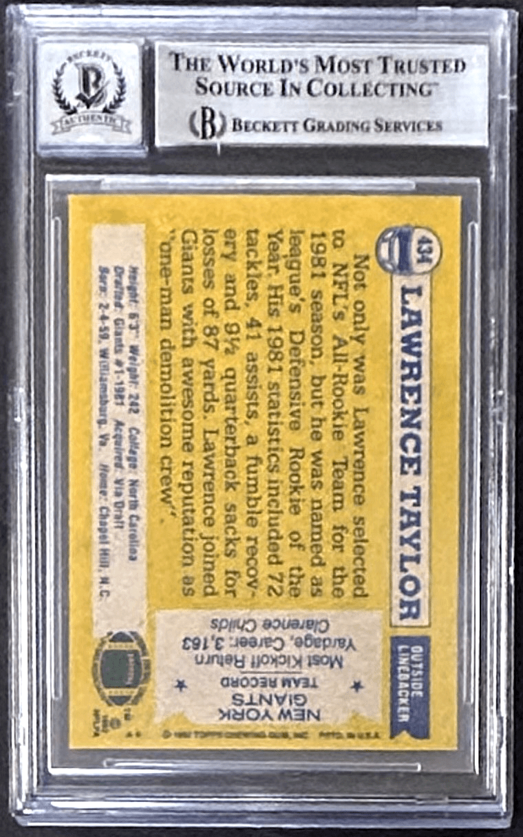 LAWRENCE TAYLOR AUTOGRAPHED 1982 TOPPS CARD #434 BECKETT 18989411 AUTO 10 - Image 2
