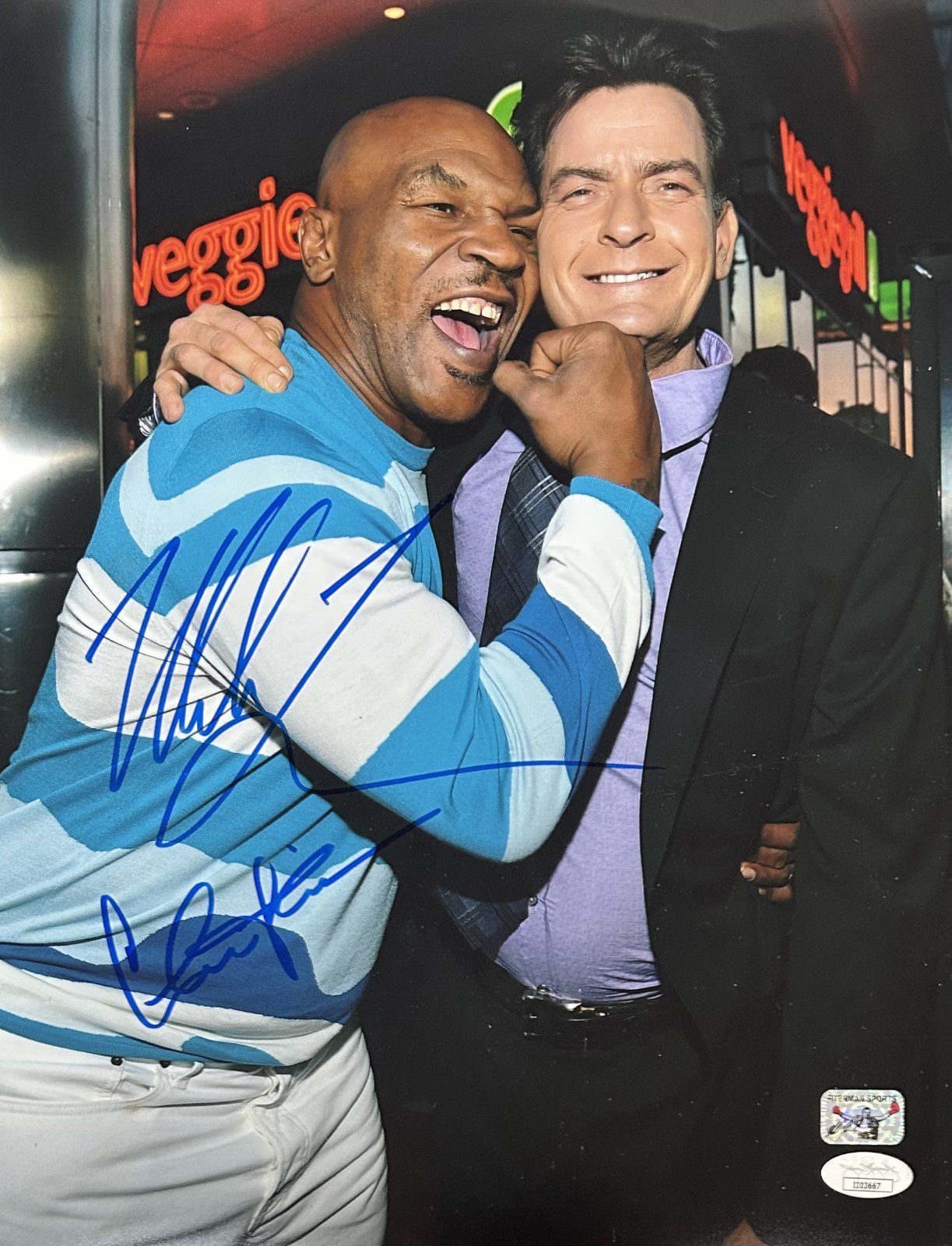 MIKE TYSON & CHARLIE SHEEN SIGNED 11x14 PHOTO JSA & TYSON AUTHENTICATION II03667