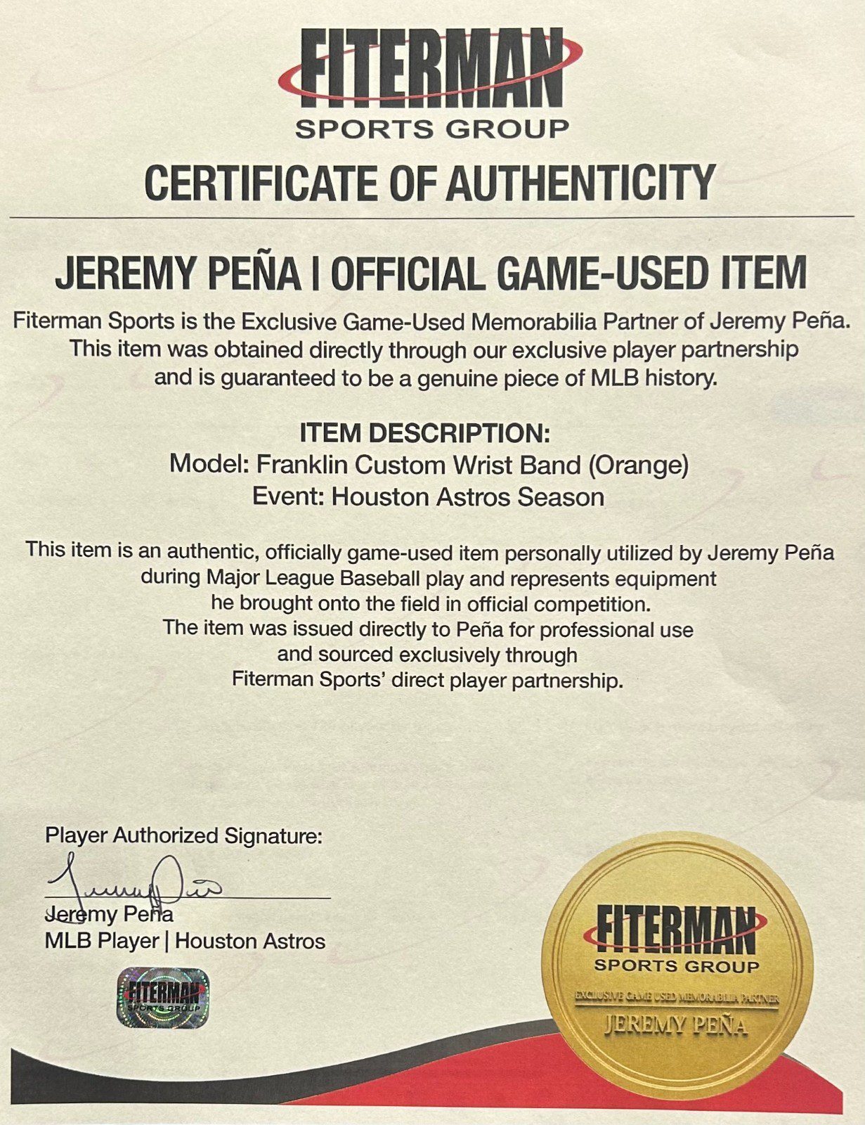 JEREMY PENA HOUSTON ASTROS GAME USED FRANKLIN WRISTBAND ORANGE BLUE - Image 4
