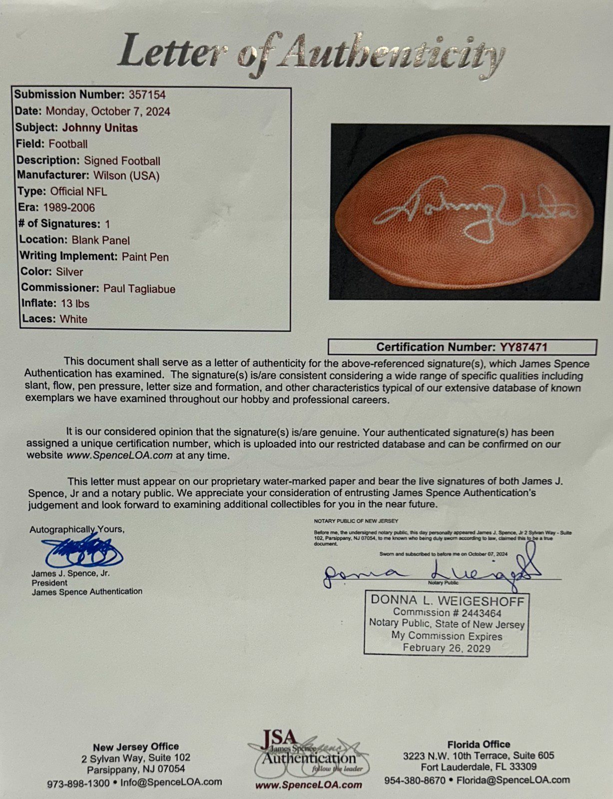 JOHNNY UNITES AUTOGRAPHED WILSON DUKE FOOTBALL JSA YY87471 BALTIMORE COLTS - Image 5