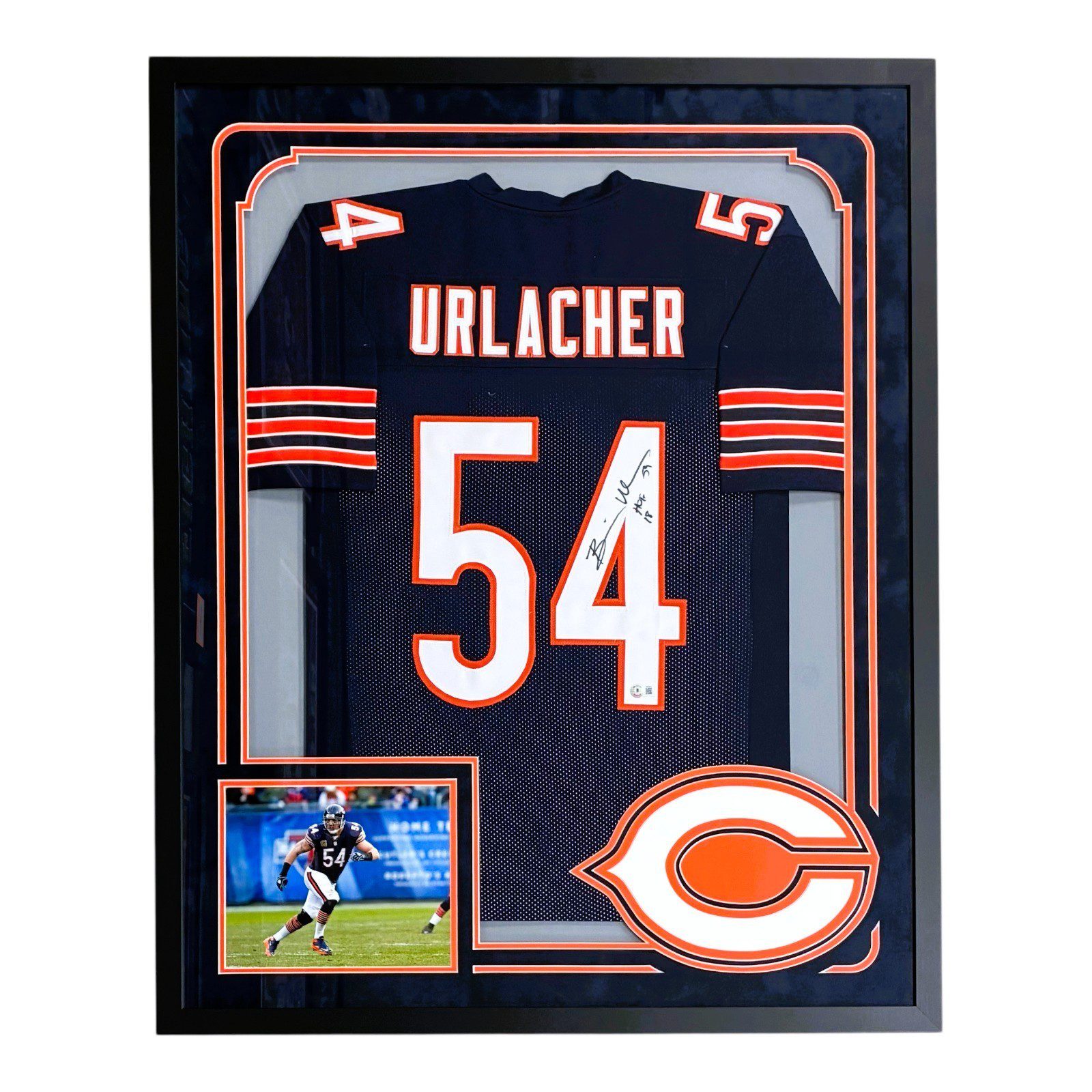 BRIAN URLACHER AUTOGRAPHED FRAMED BLUE/ORANGE JERSEY BECKETT