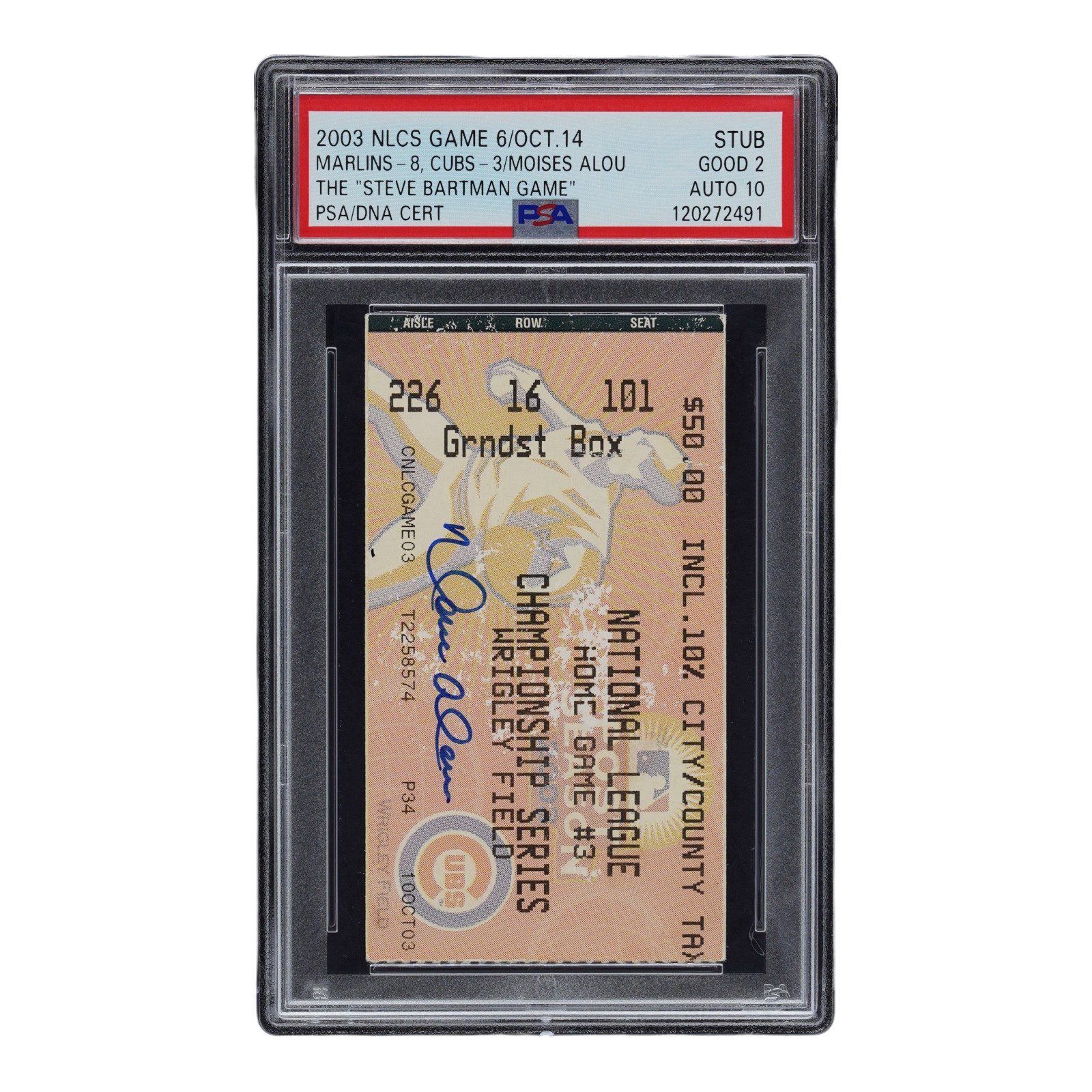 MOISES ALOU SIGNED 2003 NLCS GAME 6 THE STEVE BARTMAN GAME TICKET STUB PSA GOOD2 - Image 2