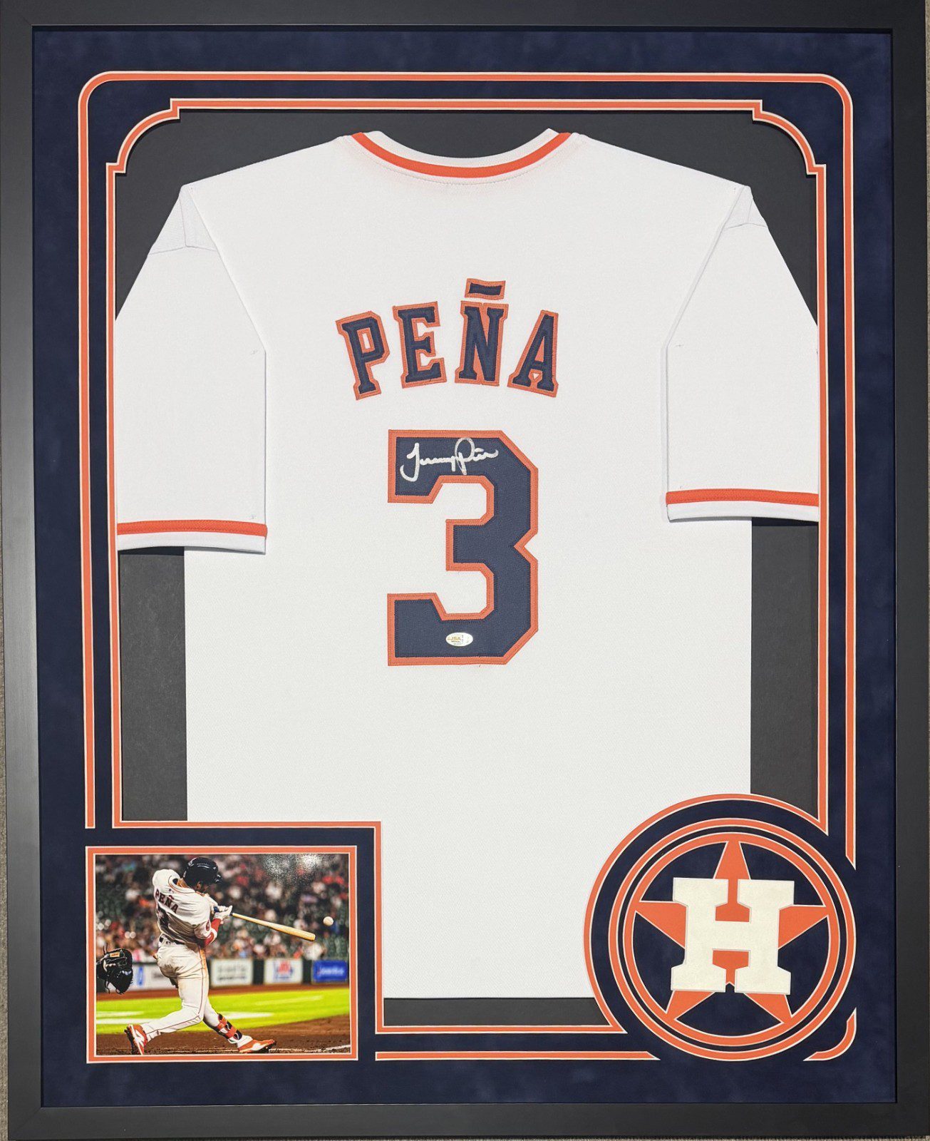 JEREMY PENA AUTOGRAPHED FRAMED CUSTOM WHITE/BLUE/ORANGE JERSEY JSA