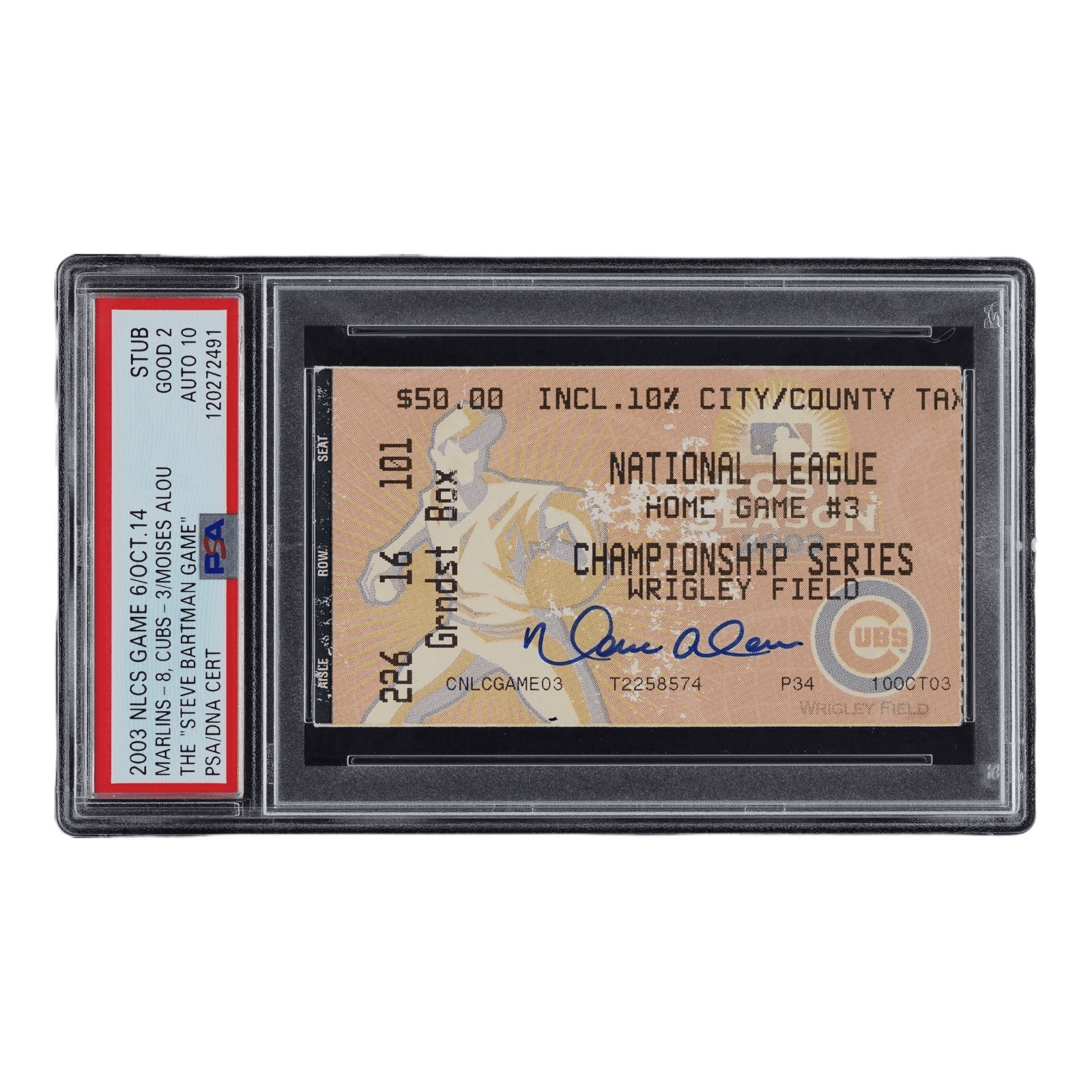 MOISES ALOU SIGNED 2003 NLCS GAME 6 THE STEVE BARTMAN GAME TICKET STUB PSA GOOD2