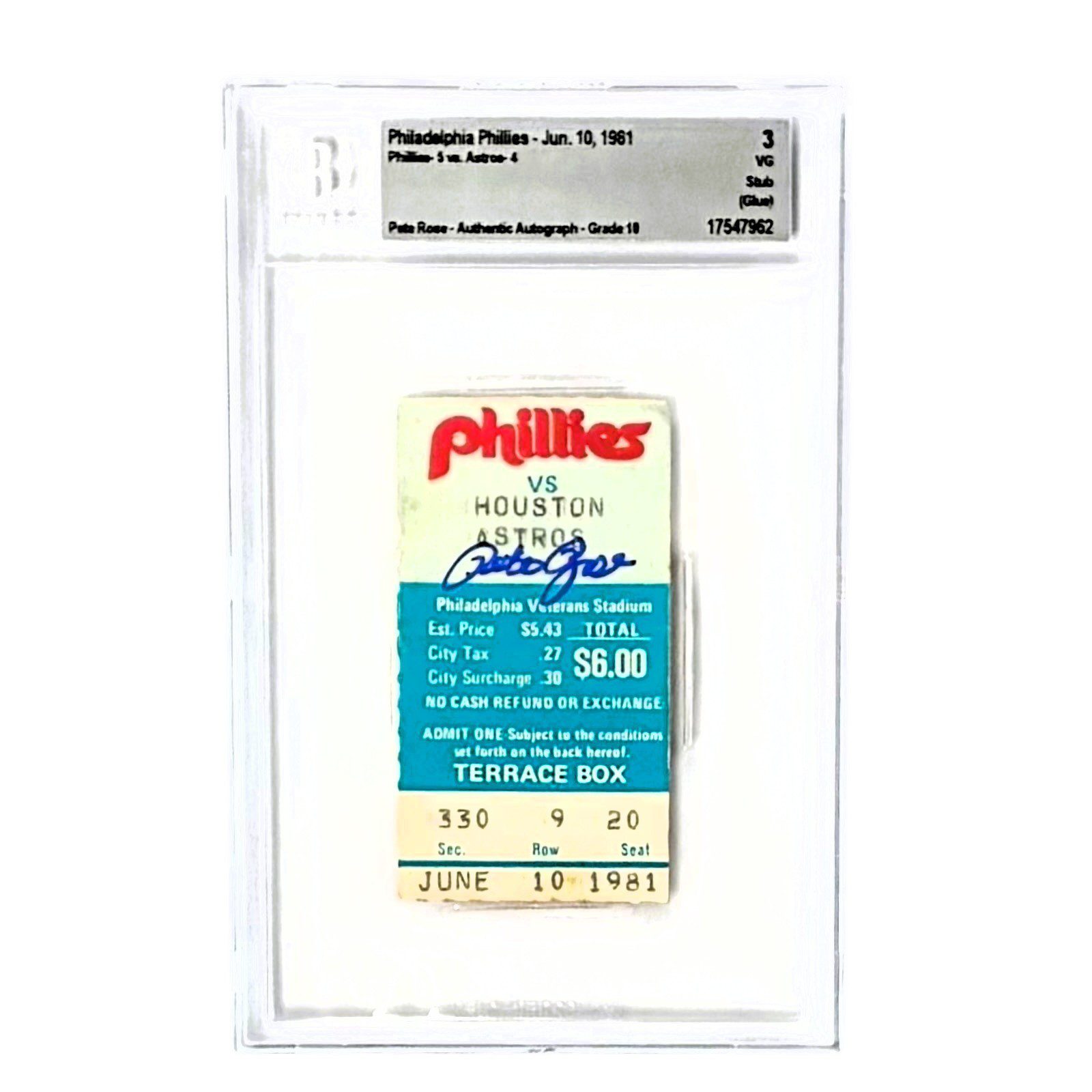 PETE ROSE AUTOGRAPHED TICKET STUB 7/10/1981 BECKETT 3 VG AUTO 10 17547962