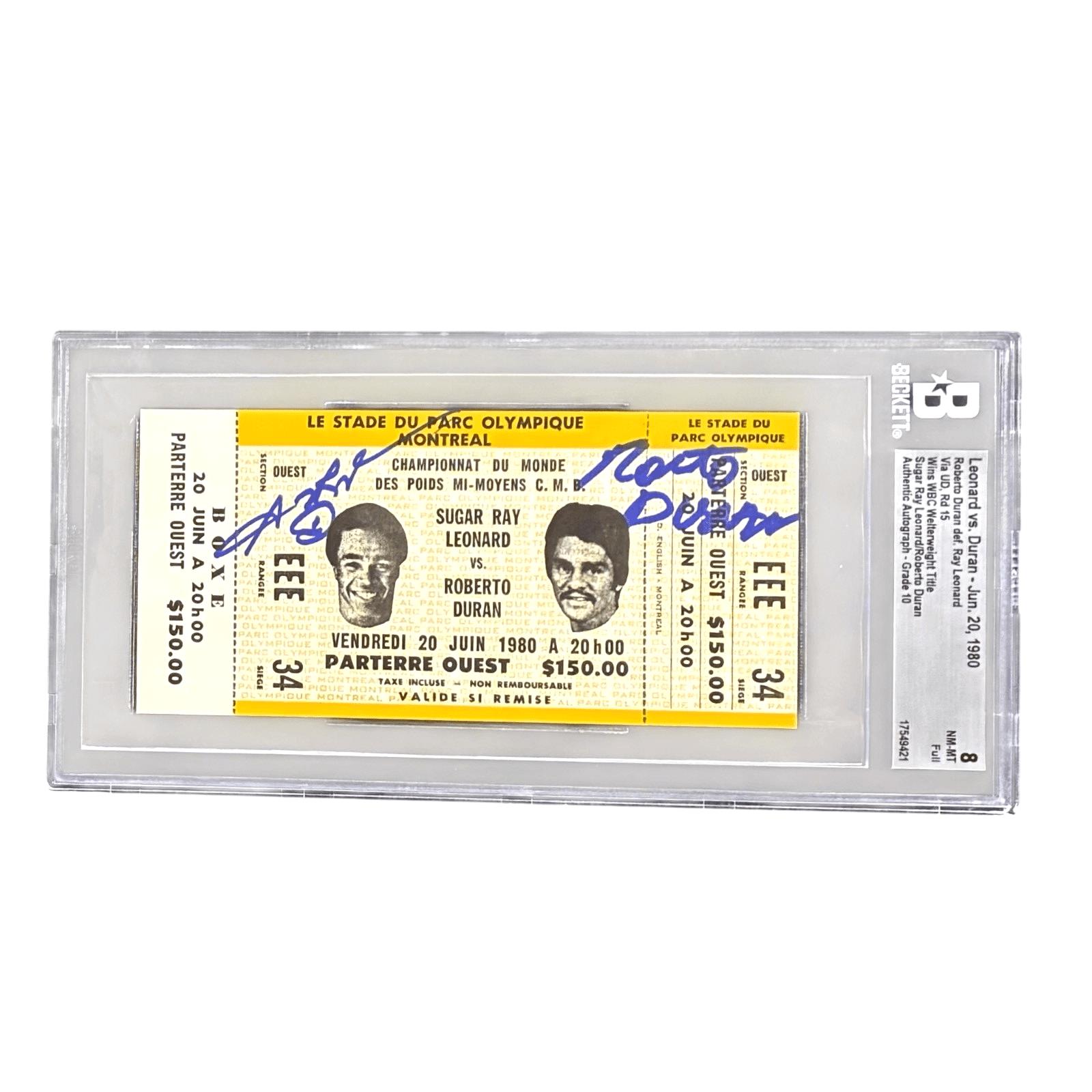 Roberto Duran Sugar Ray Leonard Signed 1980 Ticket Duran Wins WBC Title BAS 8