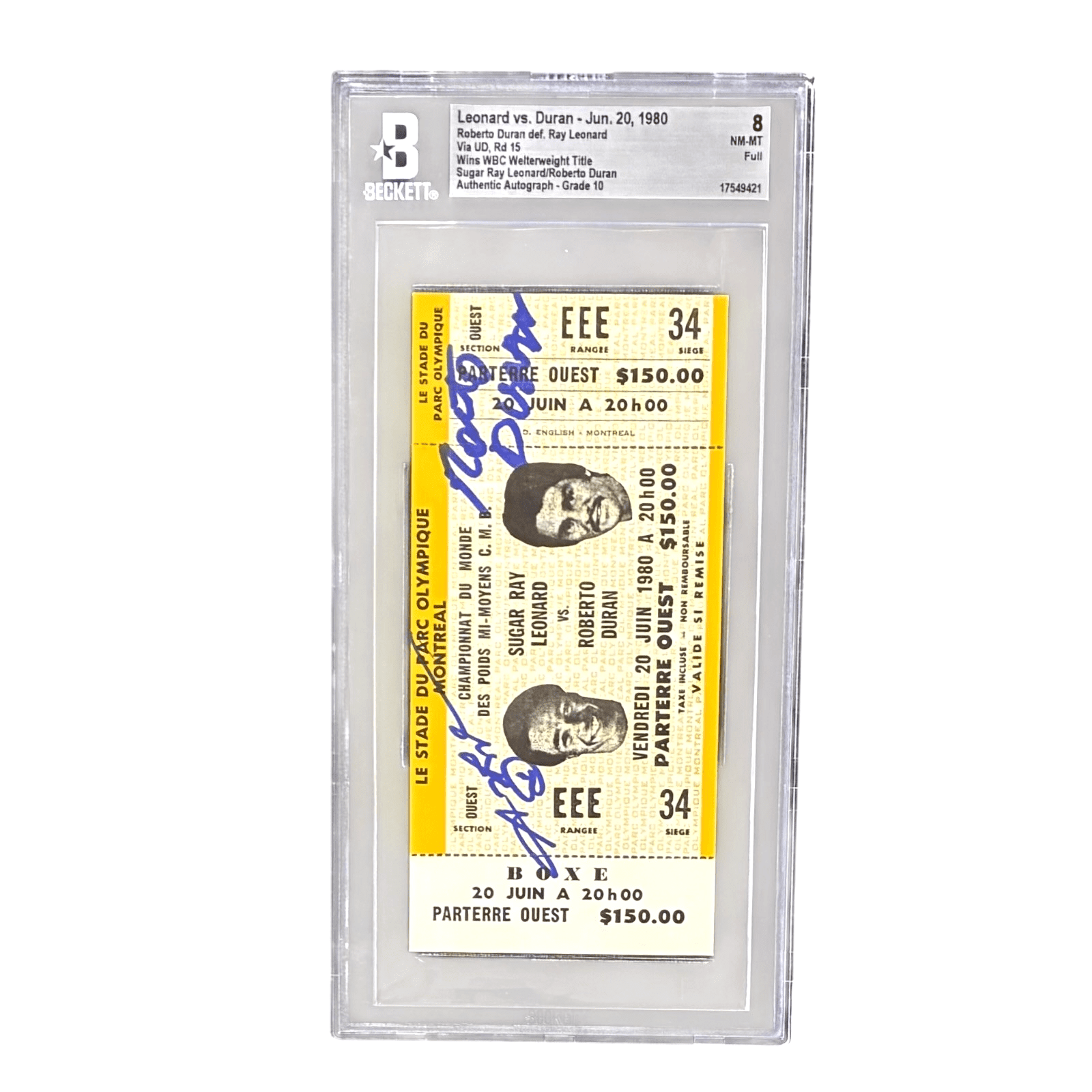 Roberto Duran Sugar Ray Leonard Signed 1980 Ticket Duran Wins WBC Title BAS 8 - Image 2