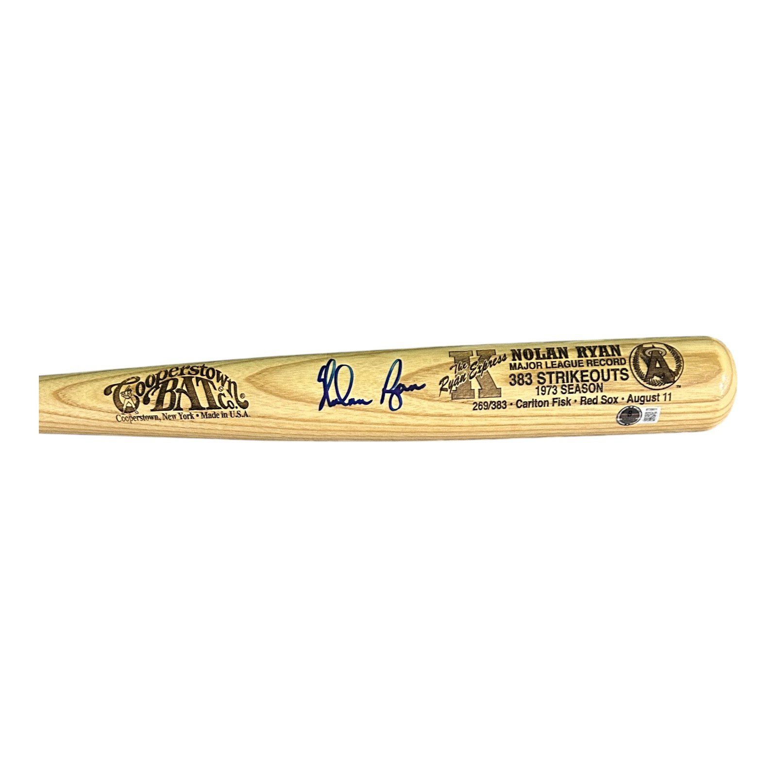 NOLAN RYAN AUTOGRAPHED COOPERSTOWN BAT CO. BAT BECKETT 383 STRIKEOUTS - Image 2