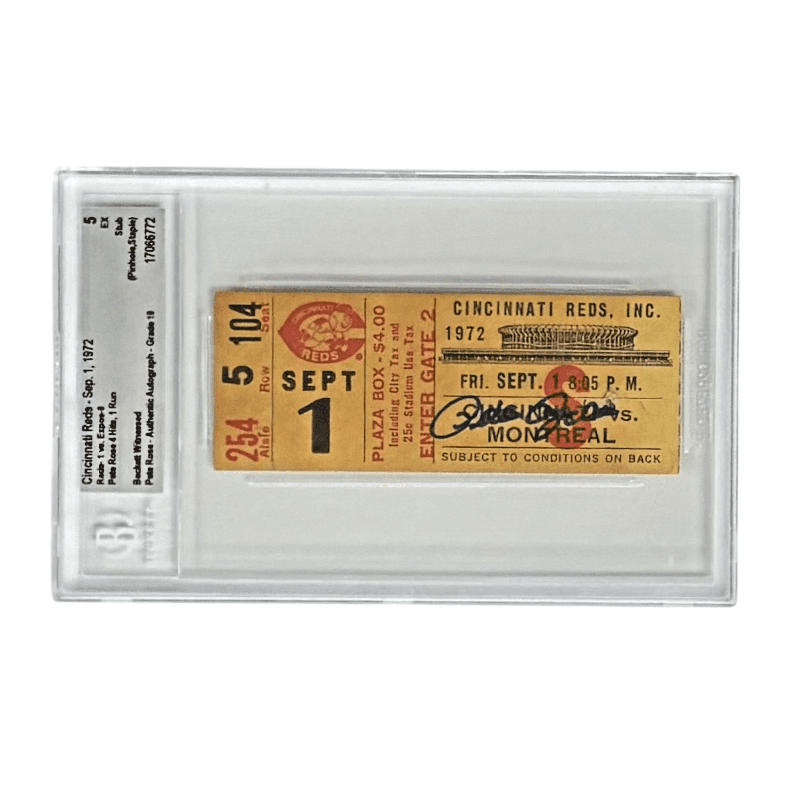 PETE ROSE AUTOGRAPHED TICKET STUB 9/1/1972 BECKETT 5 EX AUTO 10 17066772