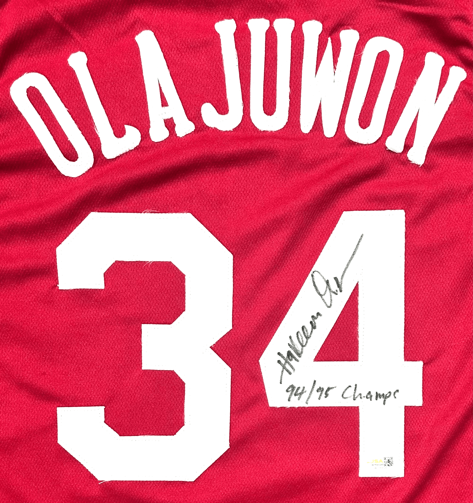 HAKEEM OLAJUWON AUTOGRAPHED RED JERSEY JSA AUTHENTICATED 94/95 CHAMPS - Image 2
