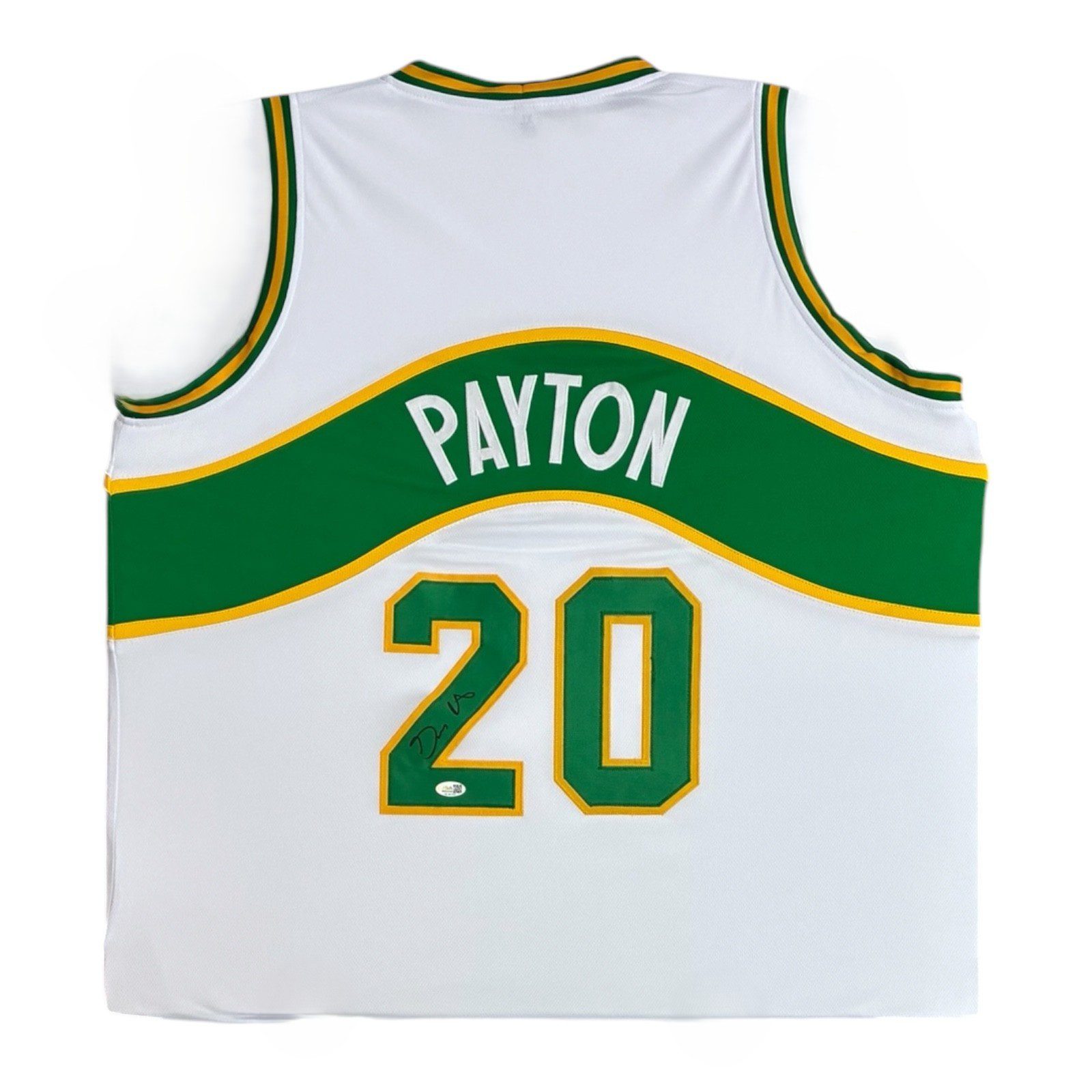 GARY PAYTON AUTOGRAPHED WHITE/GREEN/YELLOW JERSEY JSA AUTHENTICATED