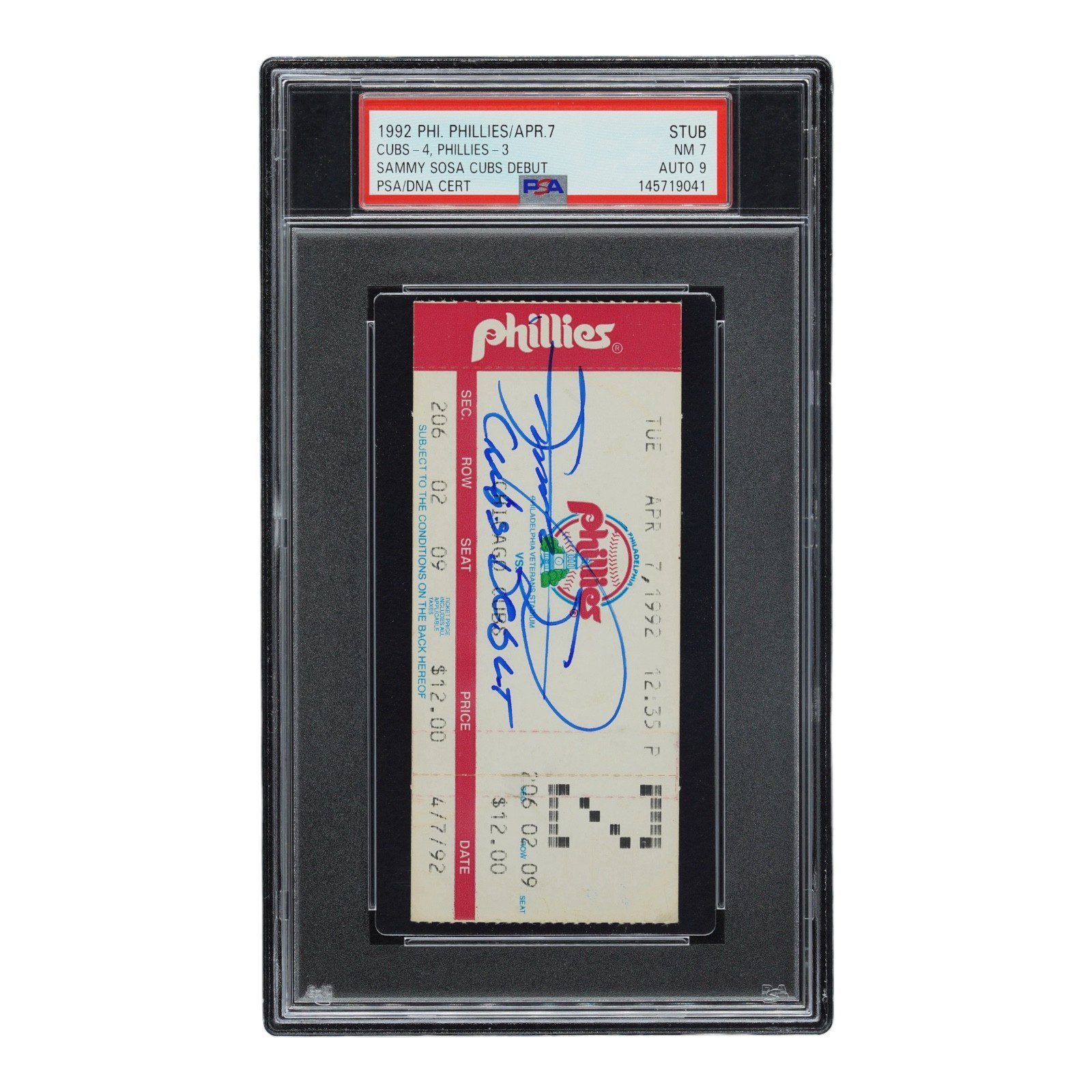 SAMMY SOSA SIGNED CUBS DEBUT TICKET STUB 4/7/1992 PSA 145719041 NM 7 - Image 2